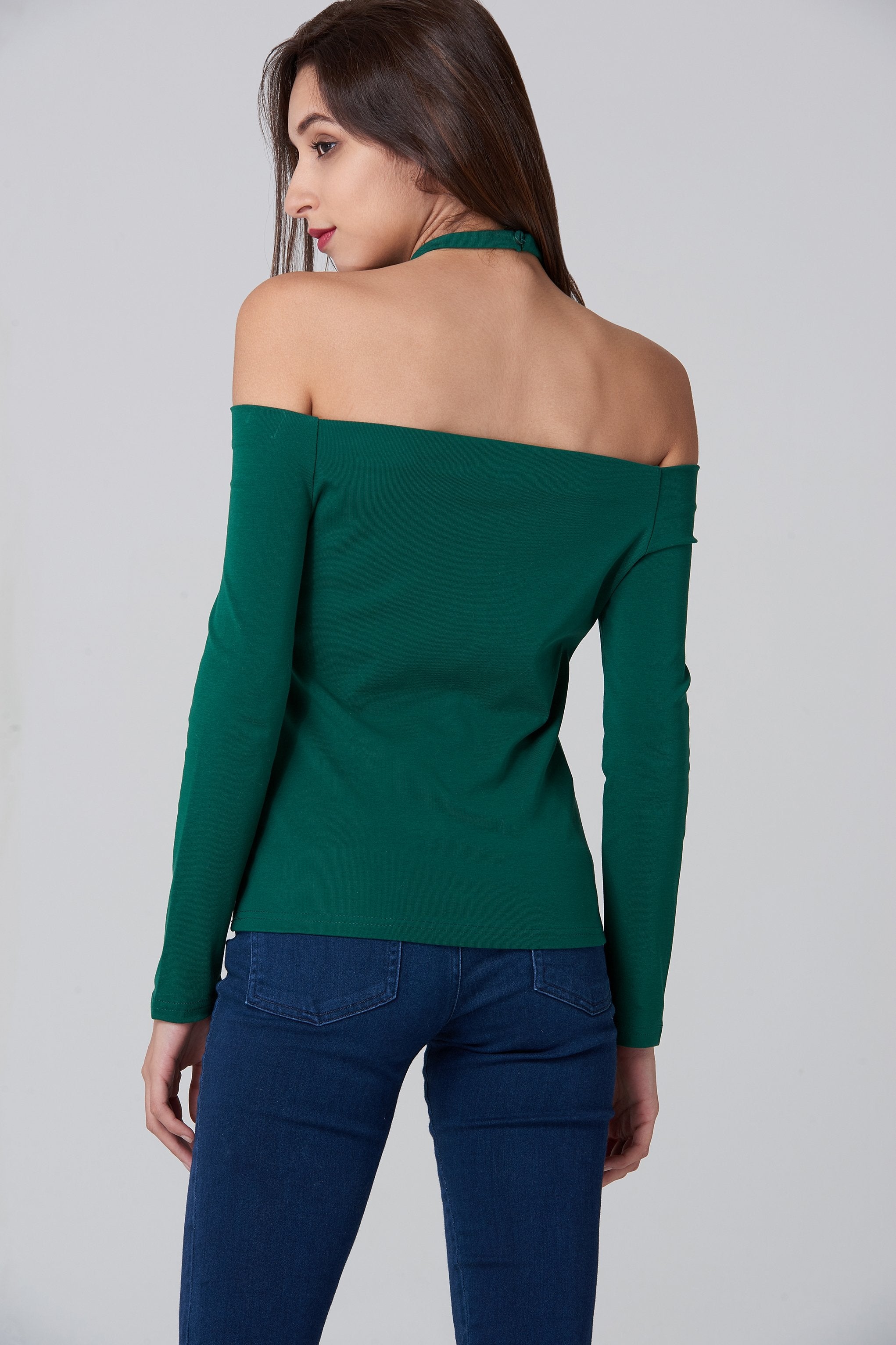 Green Off the Shoulder Prism Choker Top - ownthelooks-Development