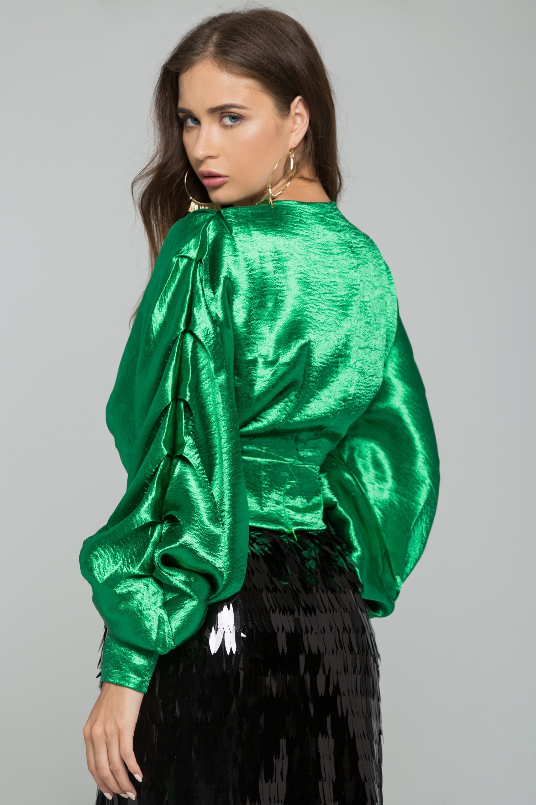 Green Satin Pleated Long Sleeves Top - ownthelooks-Development