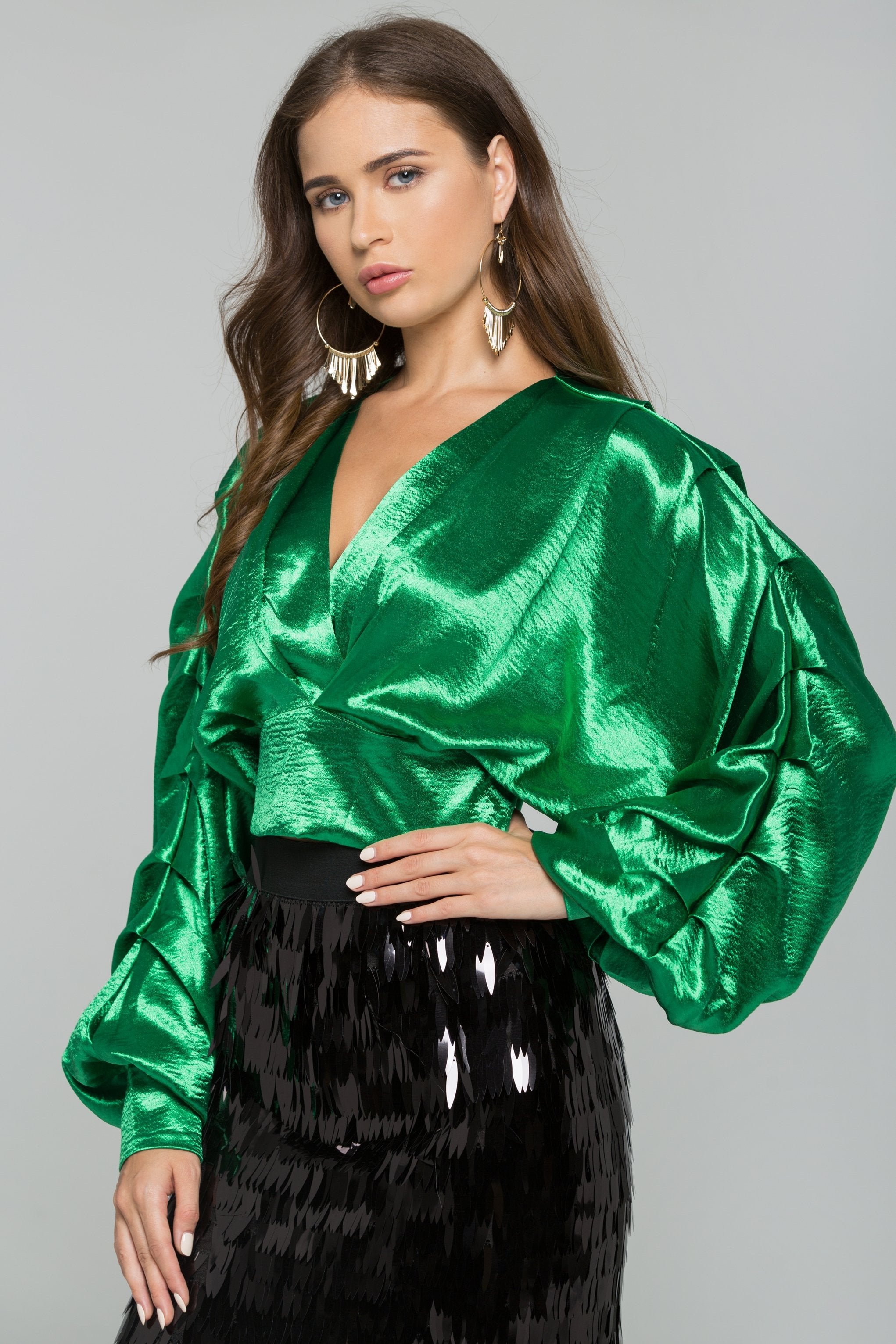 Green Satin Pleated Long Sleeves Top - ownthelooks-Development