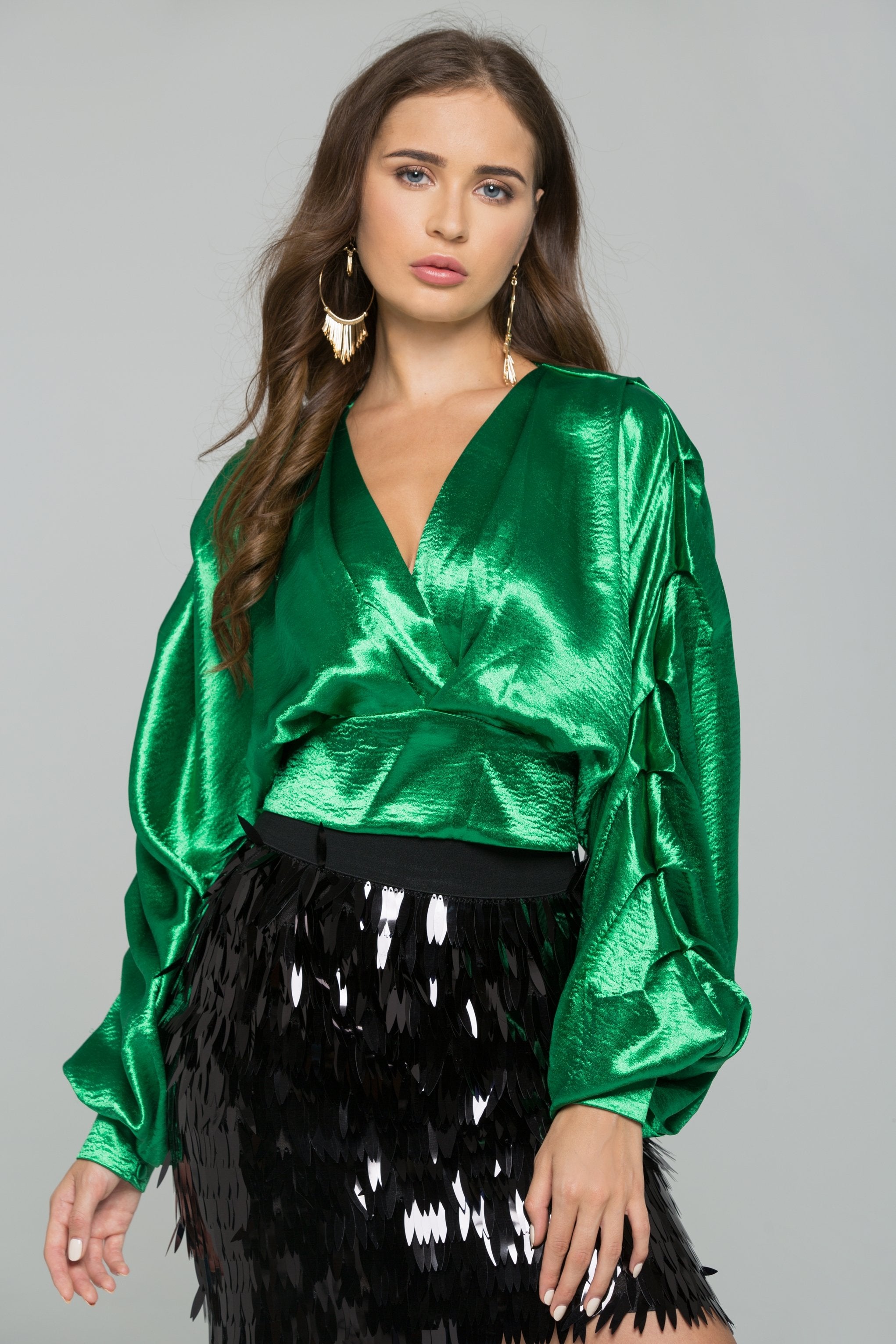 Green Satin Pleated Long Sleeves Top - ownthelooks-Development