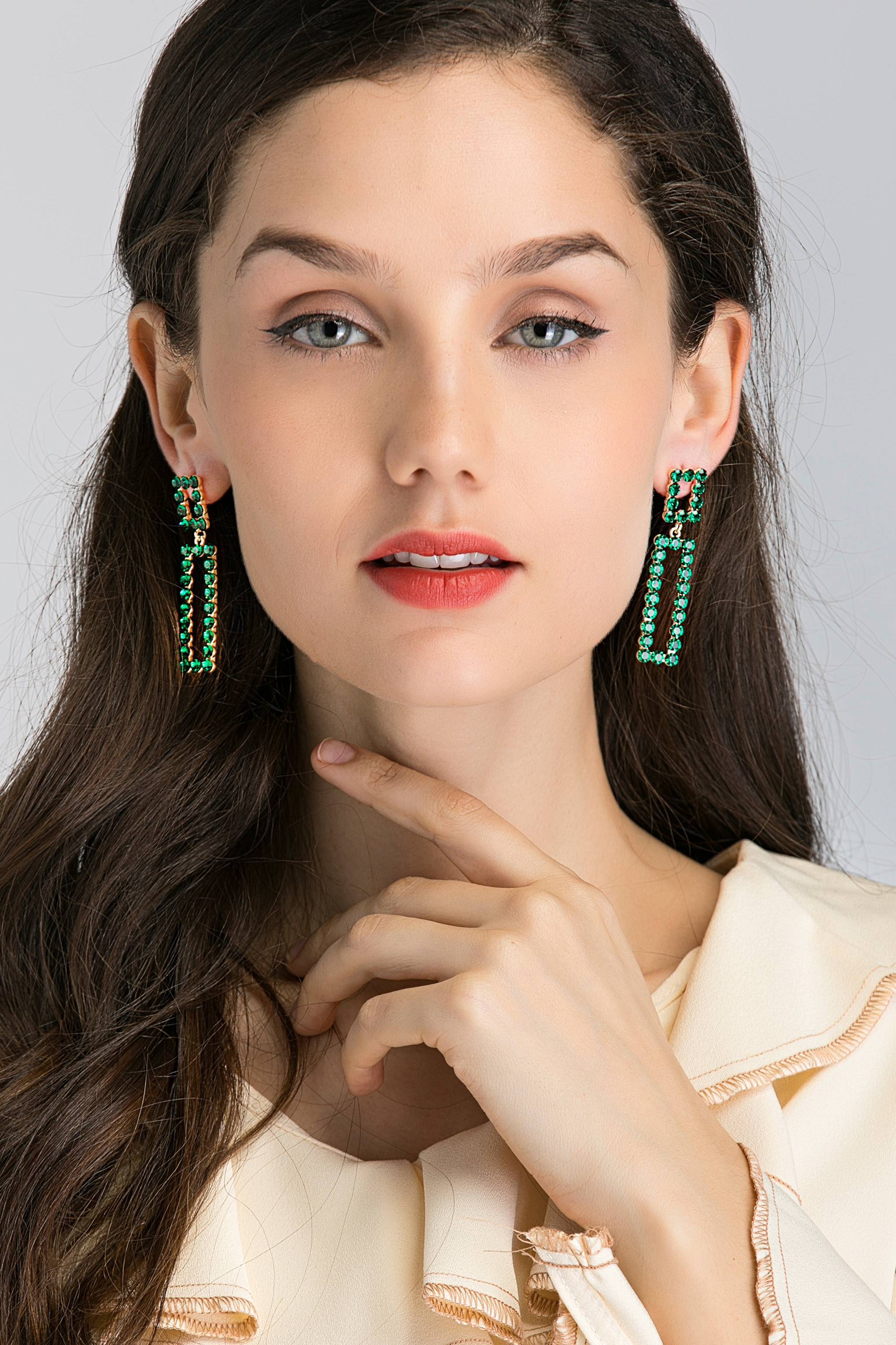 Green Stud Square and Rectangle Cut Out Drop Earrings - ownthelooks-Development