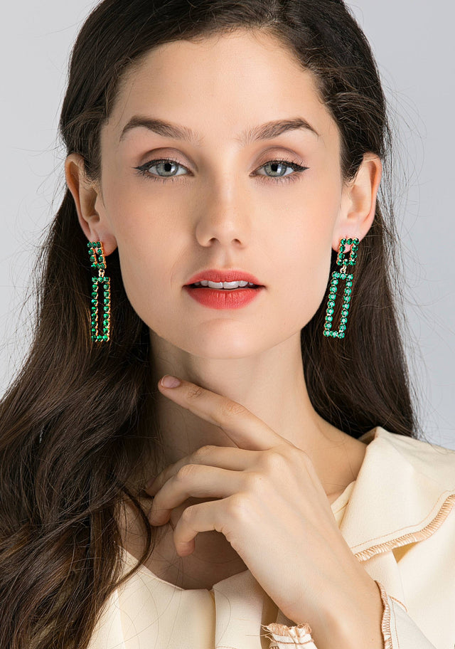 Green Stud Square and Rectangle Cut Out Drop Earrings - ownthelooks-Development