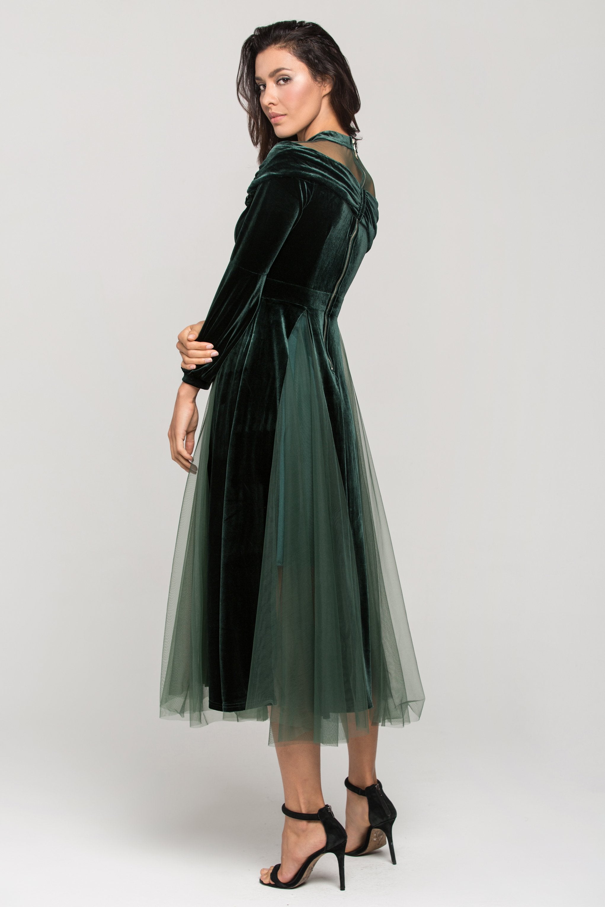 Green Velvet Puff Sleeves Sheer Yoke Ball Dress - ownthelooks-Development