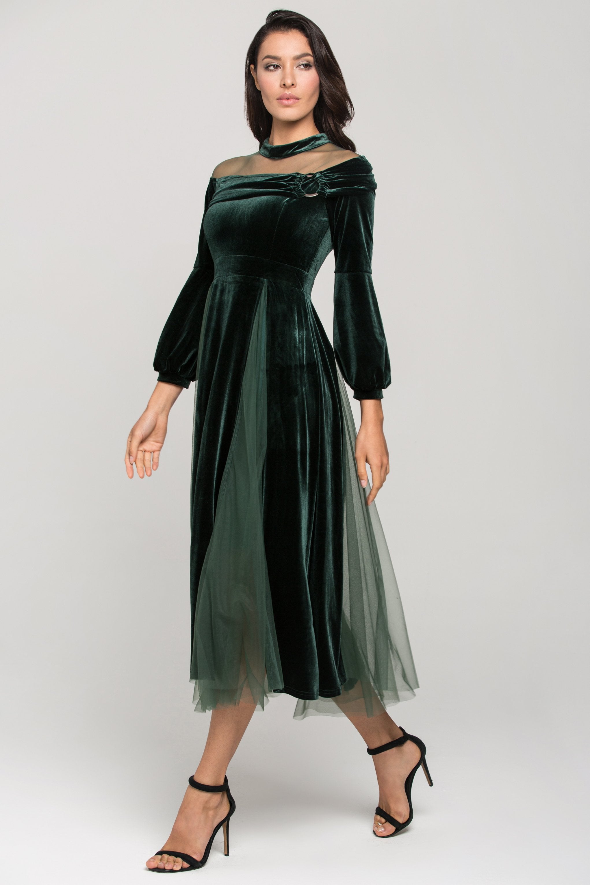 Green Velvet Puff Sleeves Sheer Yoke Ball Dress - ownthelooks-Development