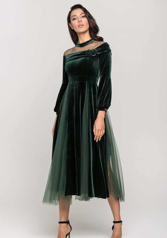 Green Velvet Puff Sleeves Sheer Yoke Ball Dress - ownthelooks-Development