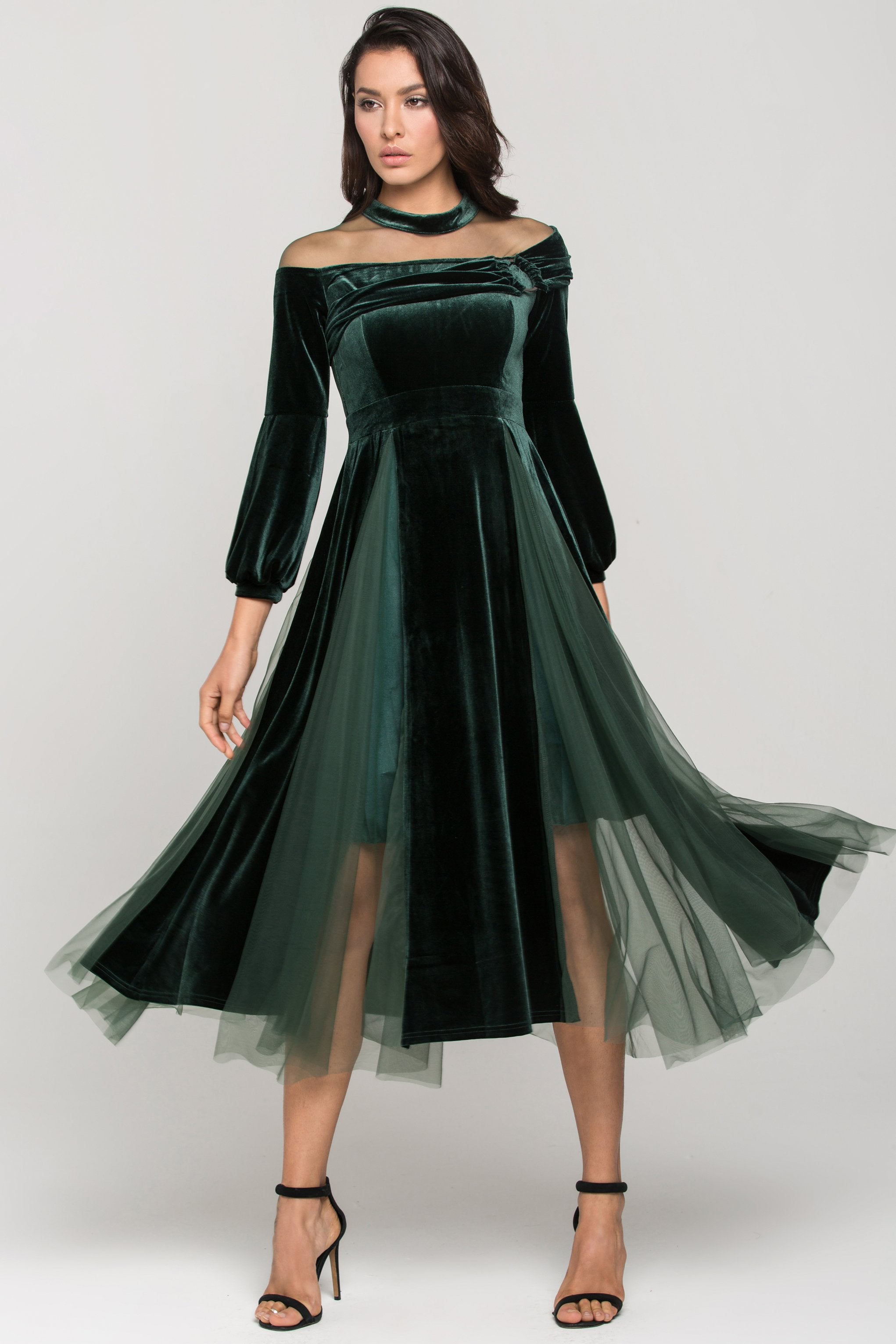 Green Velvet Puff Sleeves Sheer Yoke Ball Dress - ownthelooks-Development