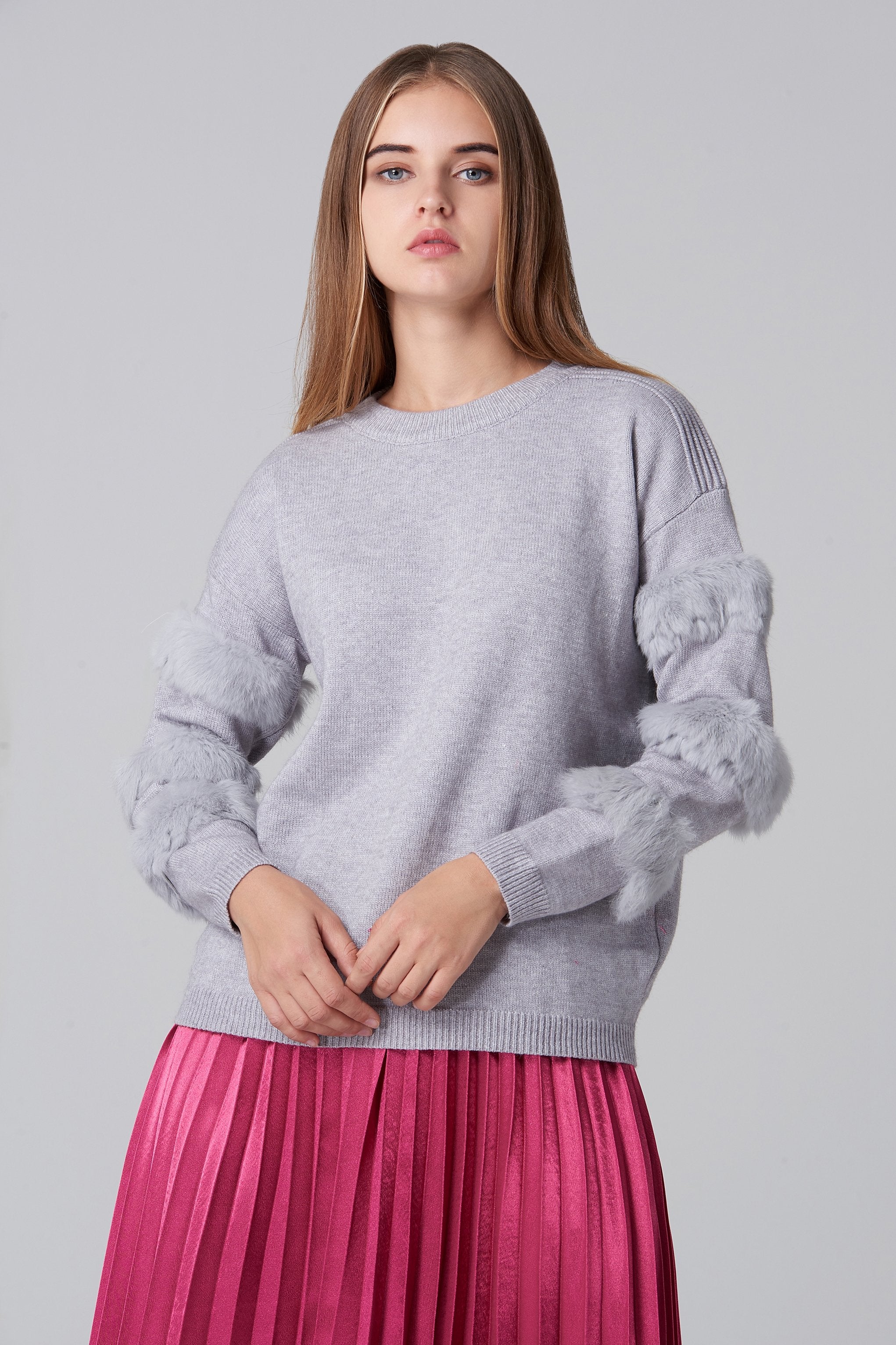 Grey Fur Strip Sleeve Top - ownthelooks-Development