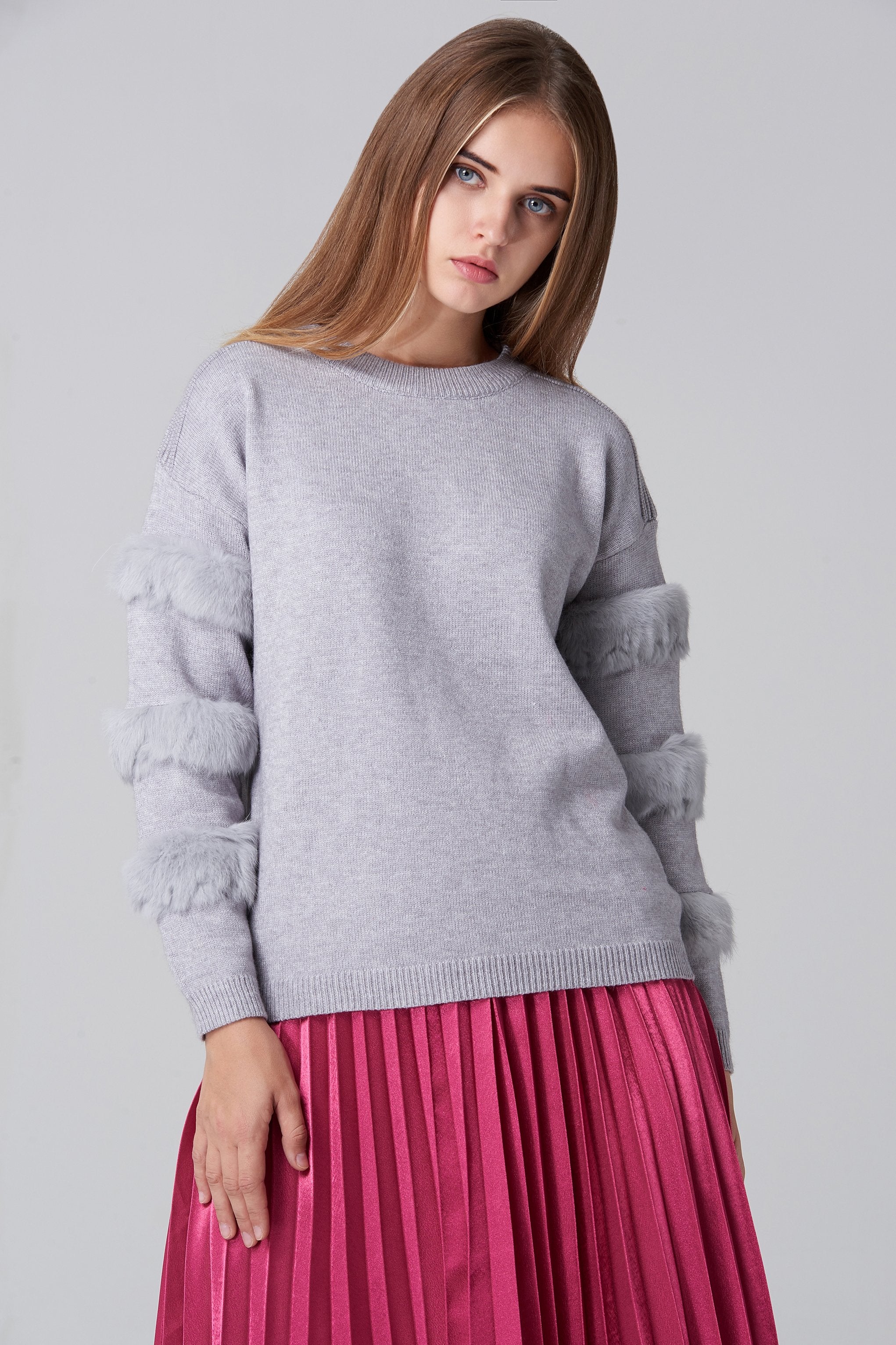 Grey Fur Strip Sleeve Top - ownthelooks-Development