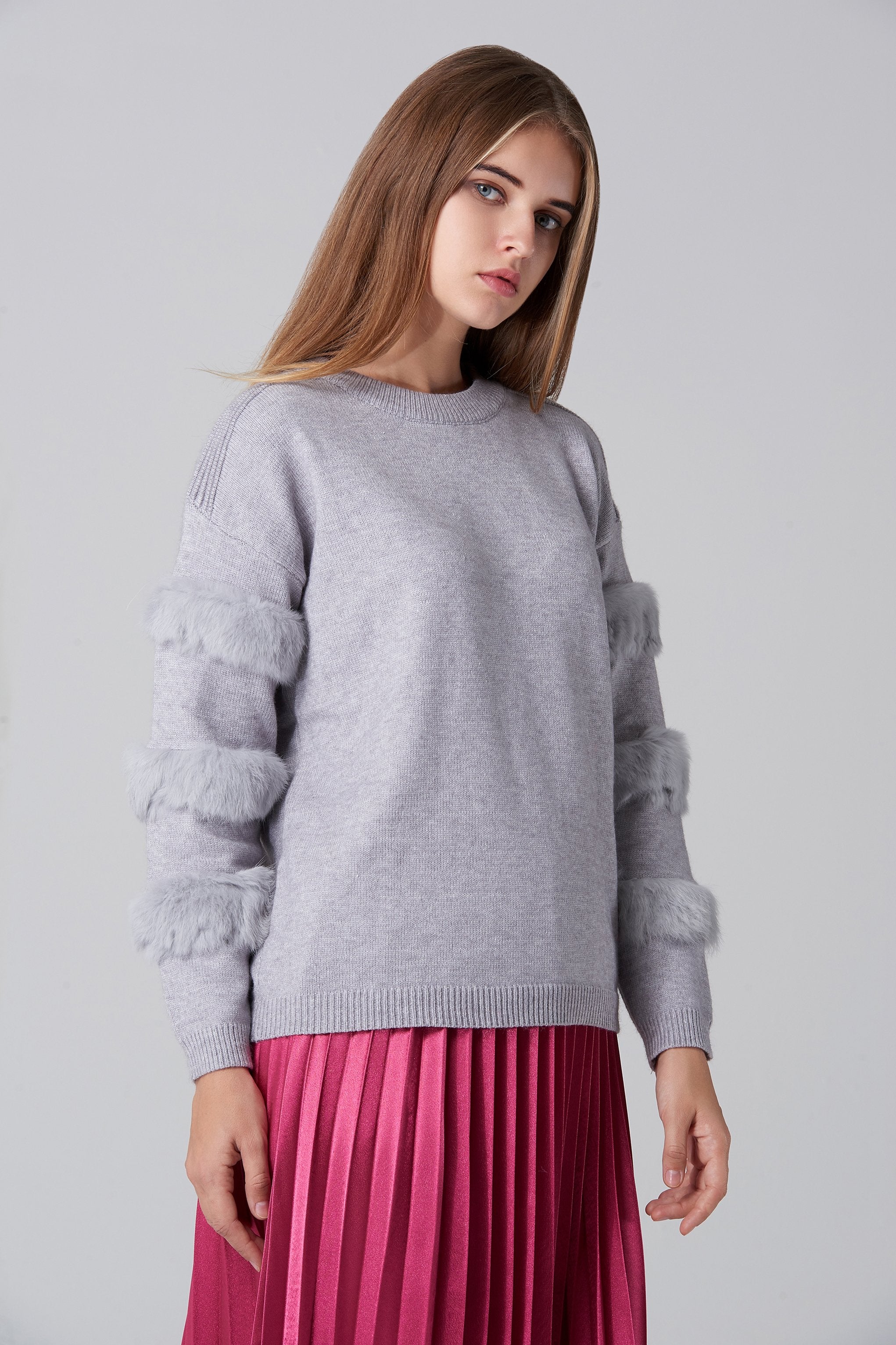Grey Fur Strip Sleeve Top - ownthelooks-Development