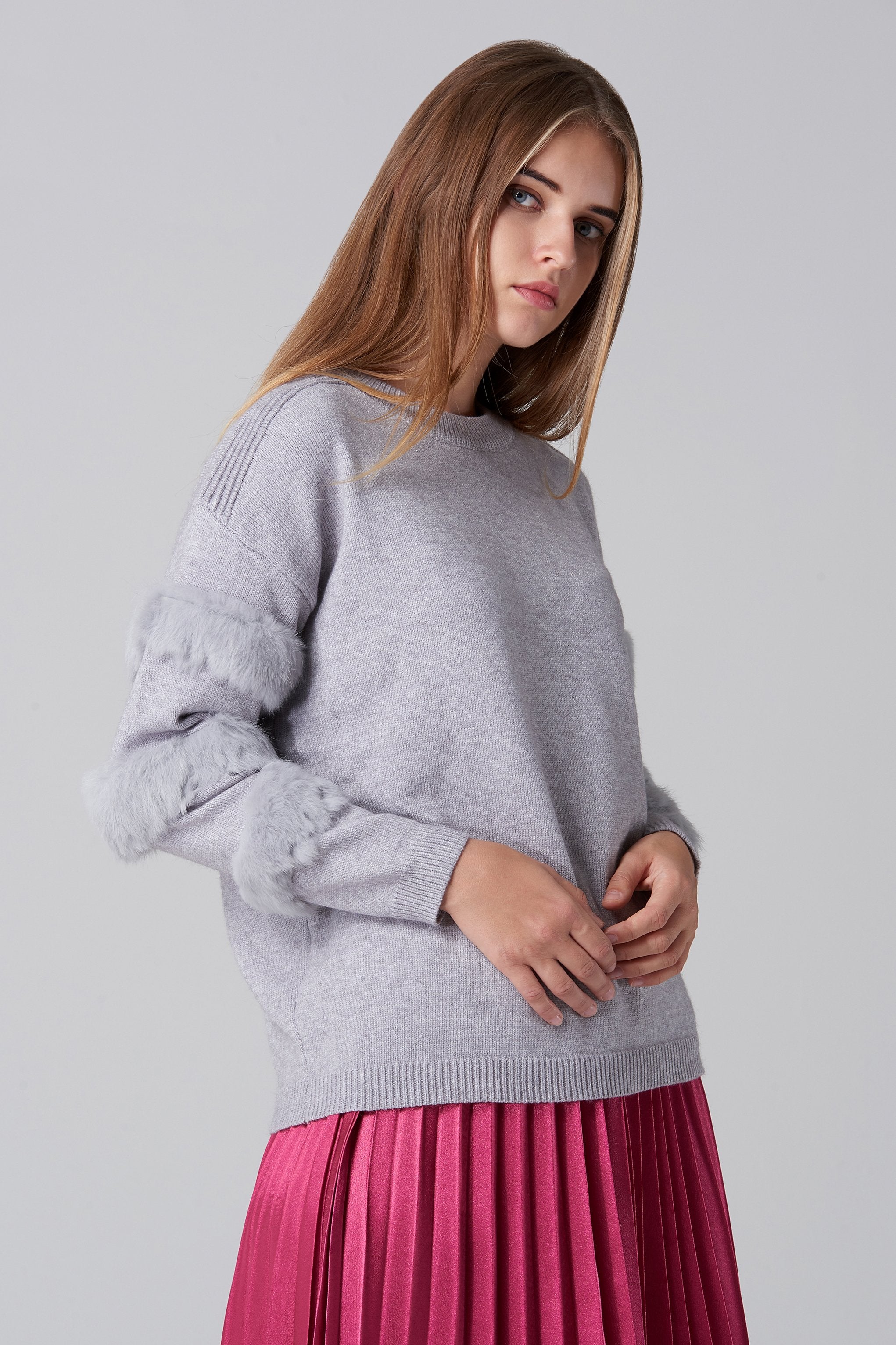 Grey Fur Strip Sleeve Top - ownthelooks-Development