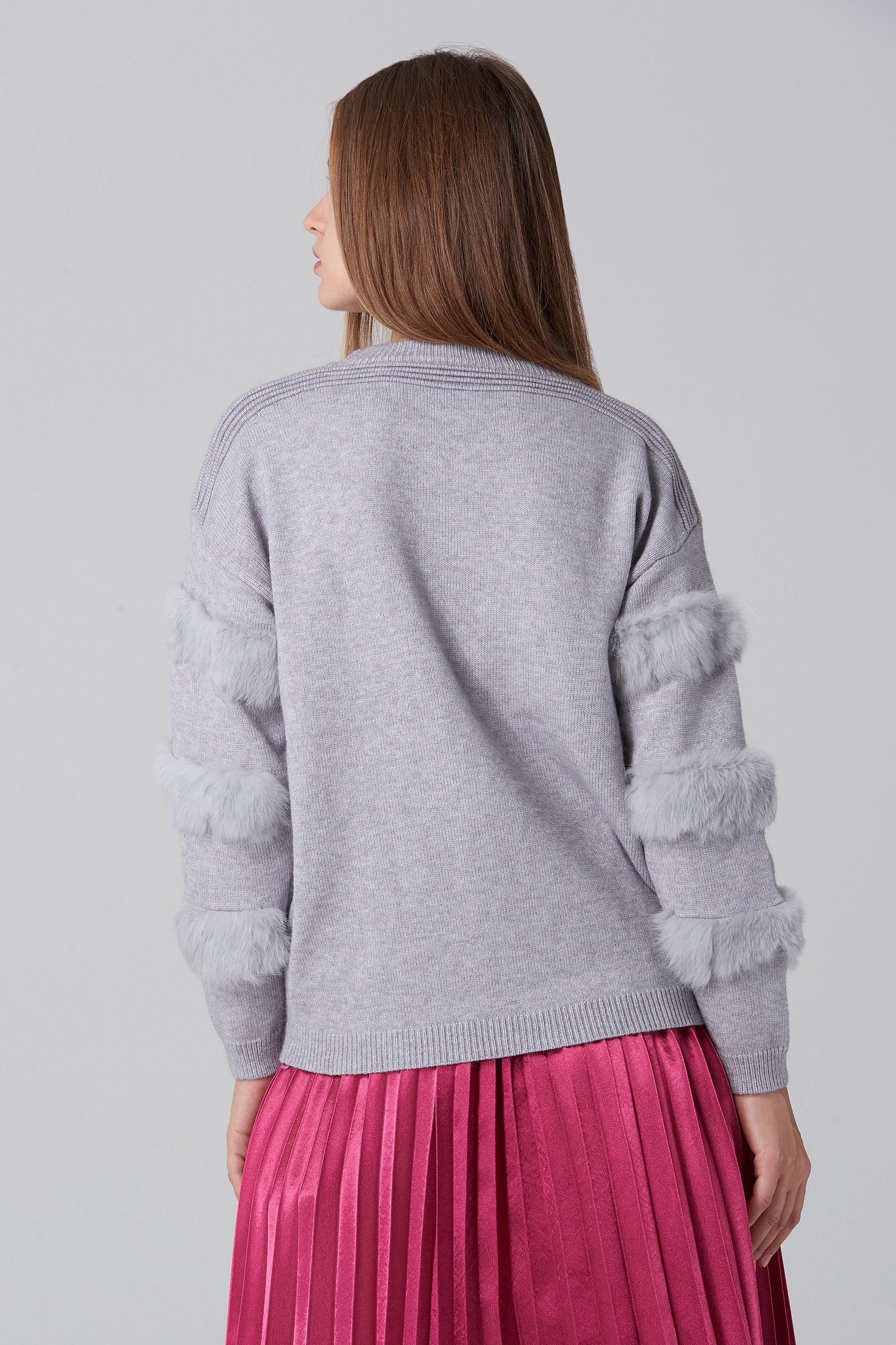 Grey Fur Strip Sleeve Top - ownthelooks-Development