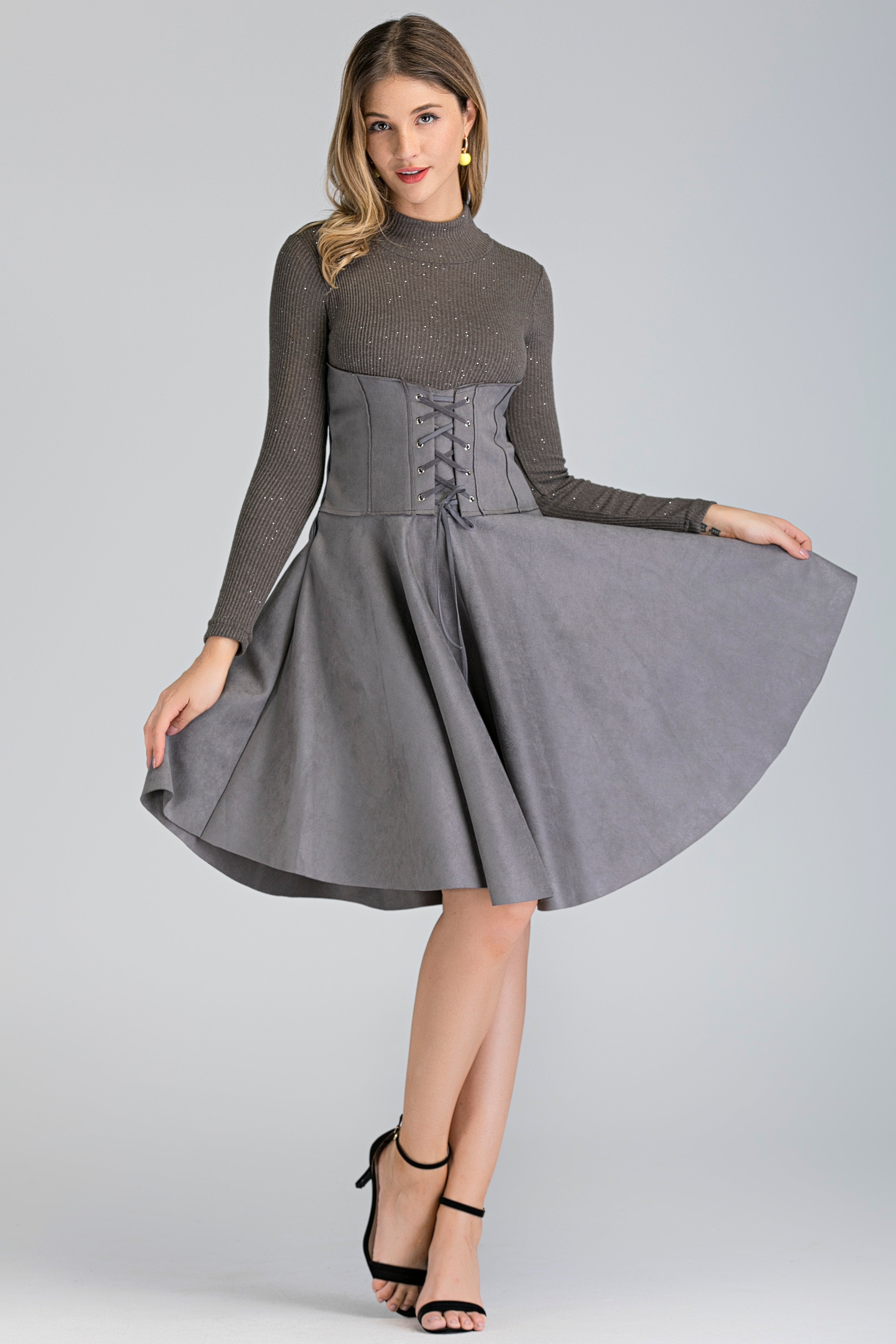 Grey Long Sleeved Suede Corset Waist Skirt Midi Dress - ownthelooks-Development