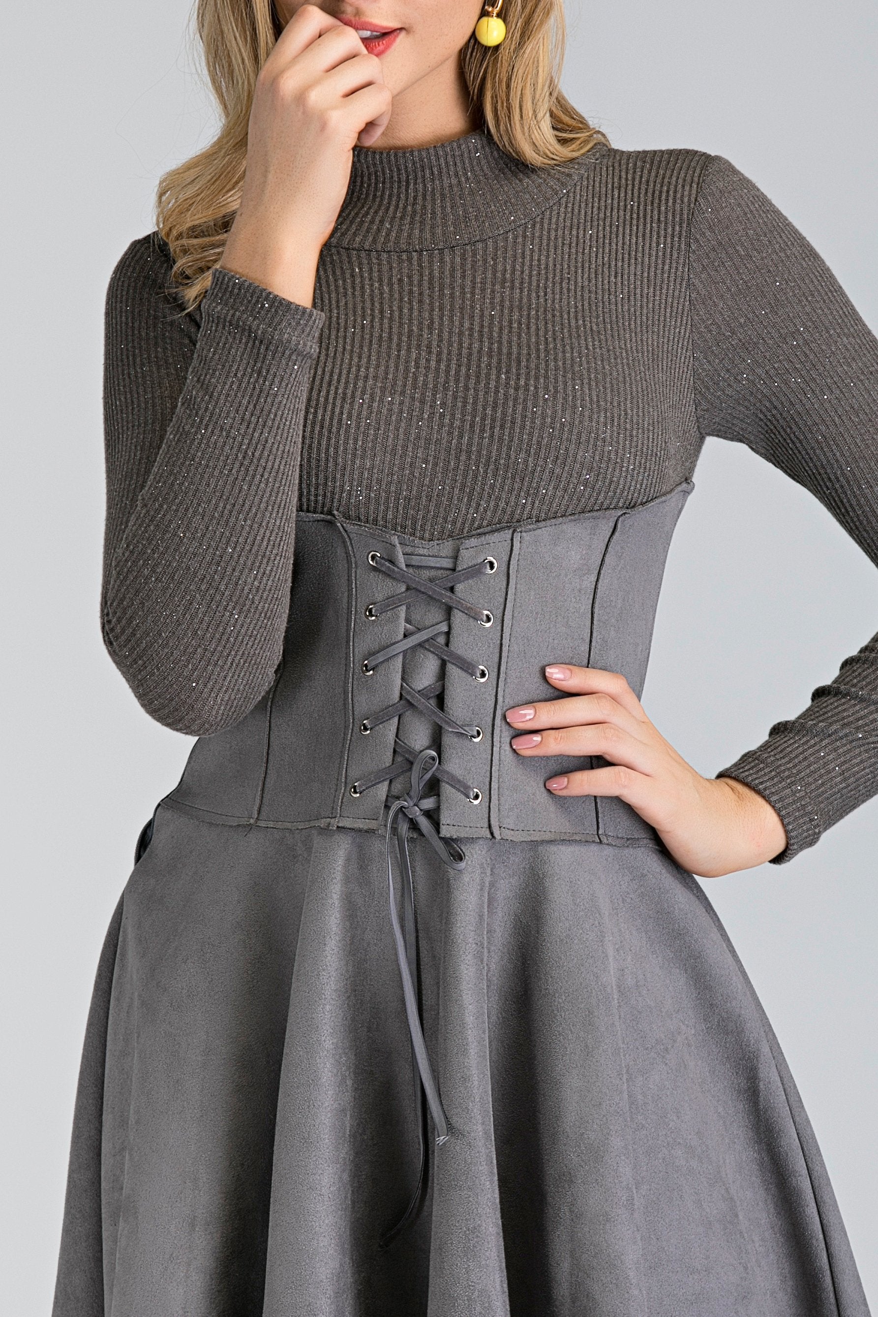 Grey Long Sleeved Suede Corset Waist Skirt Midi Dress - ownthelooks-Development