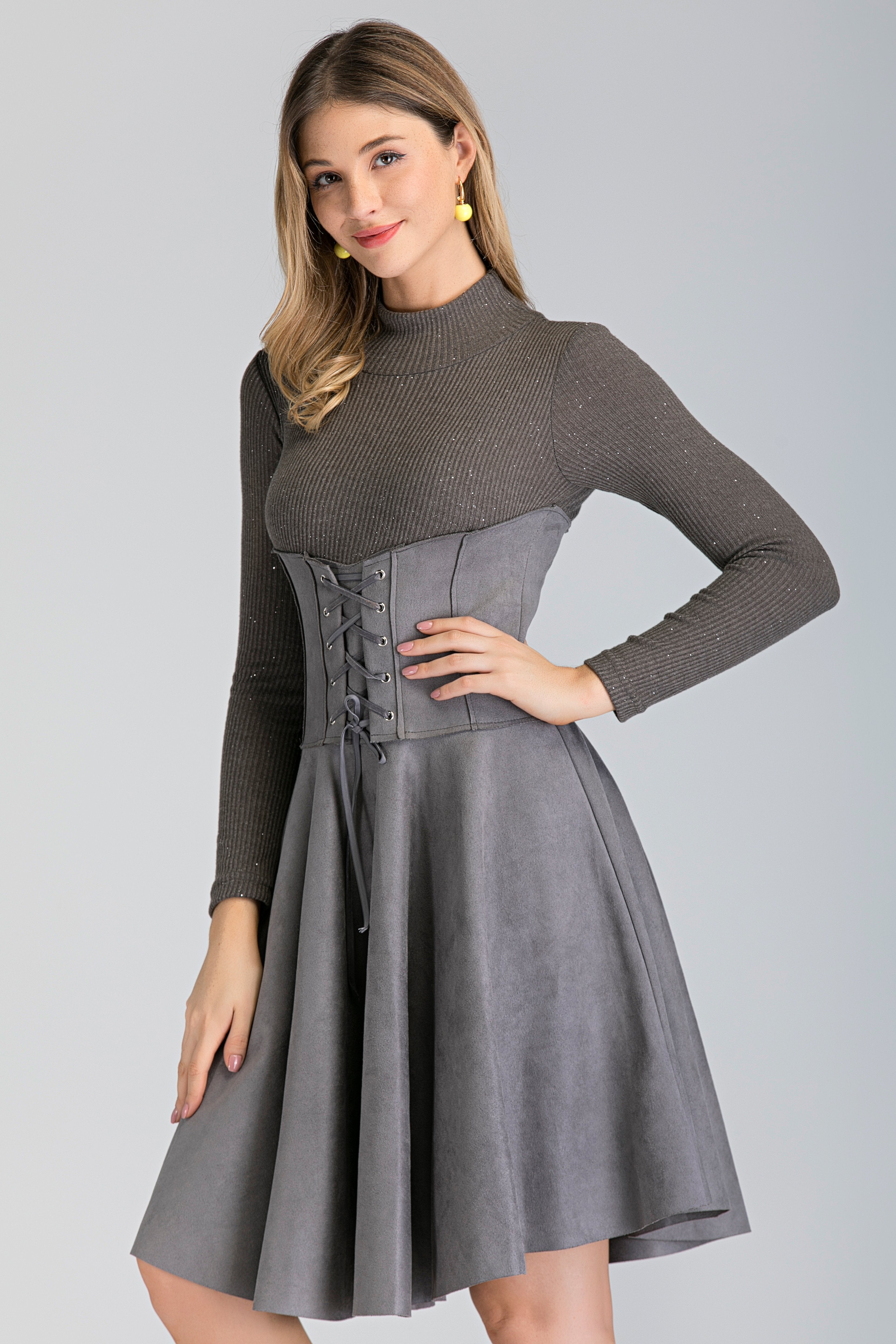 Grey Long Sleeved Suede Corset Waist Skirt Midi Dress - ownthelooks-Development