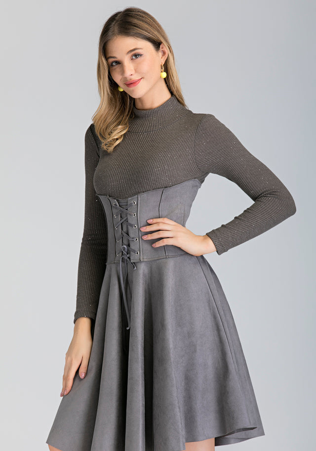 Grey Long Sleeved Suede Corset Waist Skirt Midi Dress - ownthelooks-Development