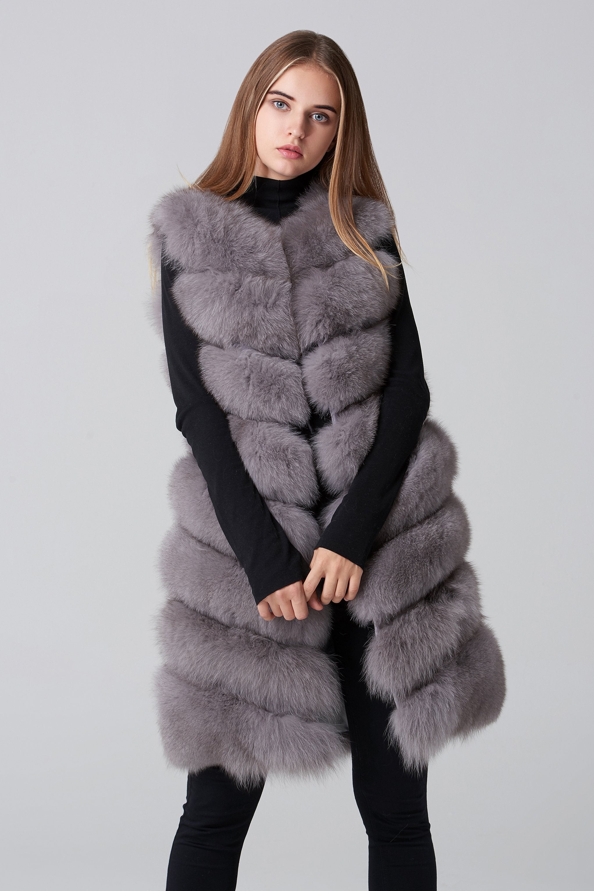 Grey Square Knee Length Fox Fur Coat - ownthelooks-Development