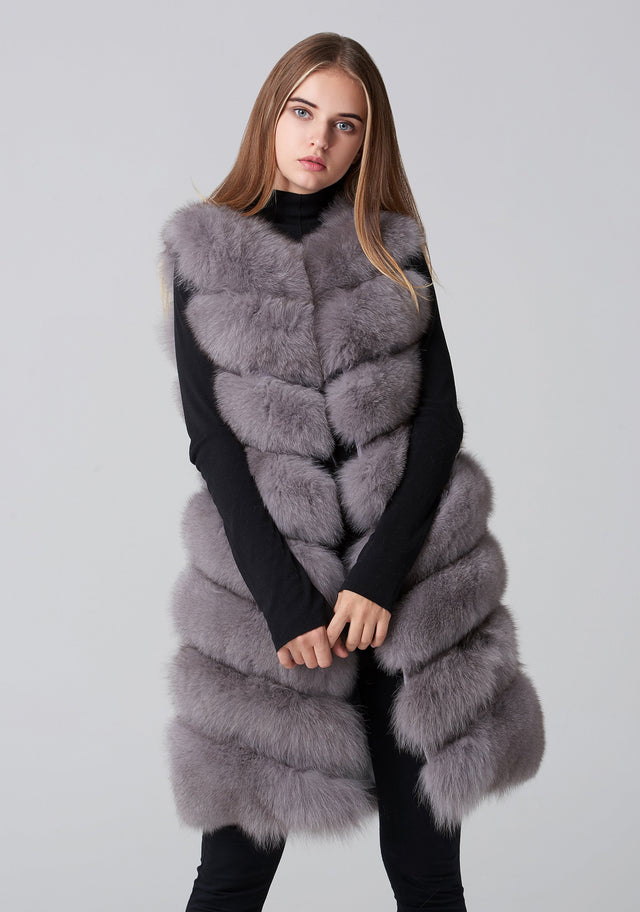 Grey Square Knee Length Fox Fur Coat - ownthelooks-Development