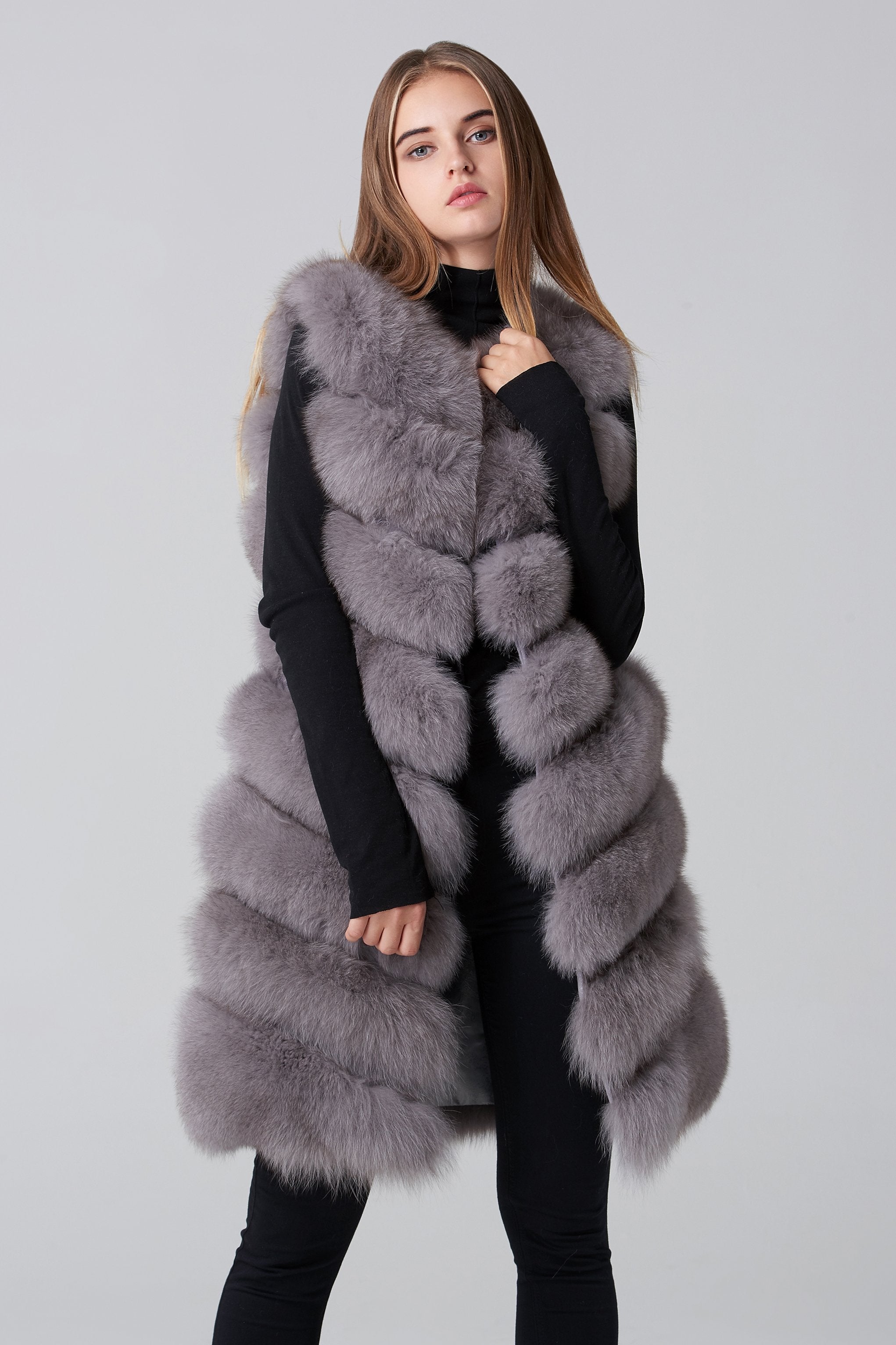 Grey Square Knee Length Fox Fur Coat - ownthelooks-Development