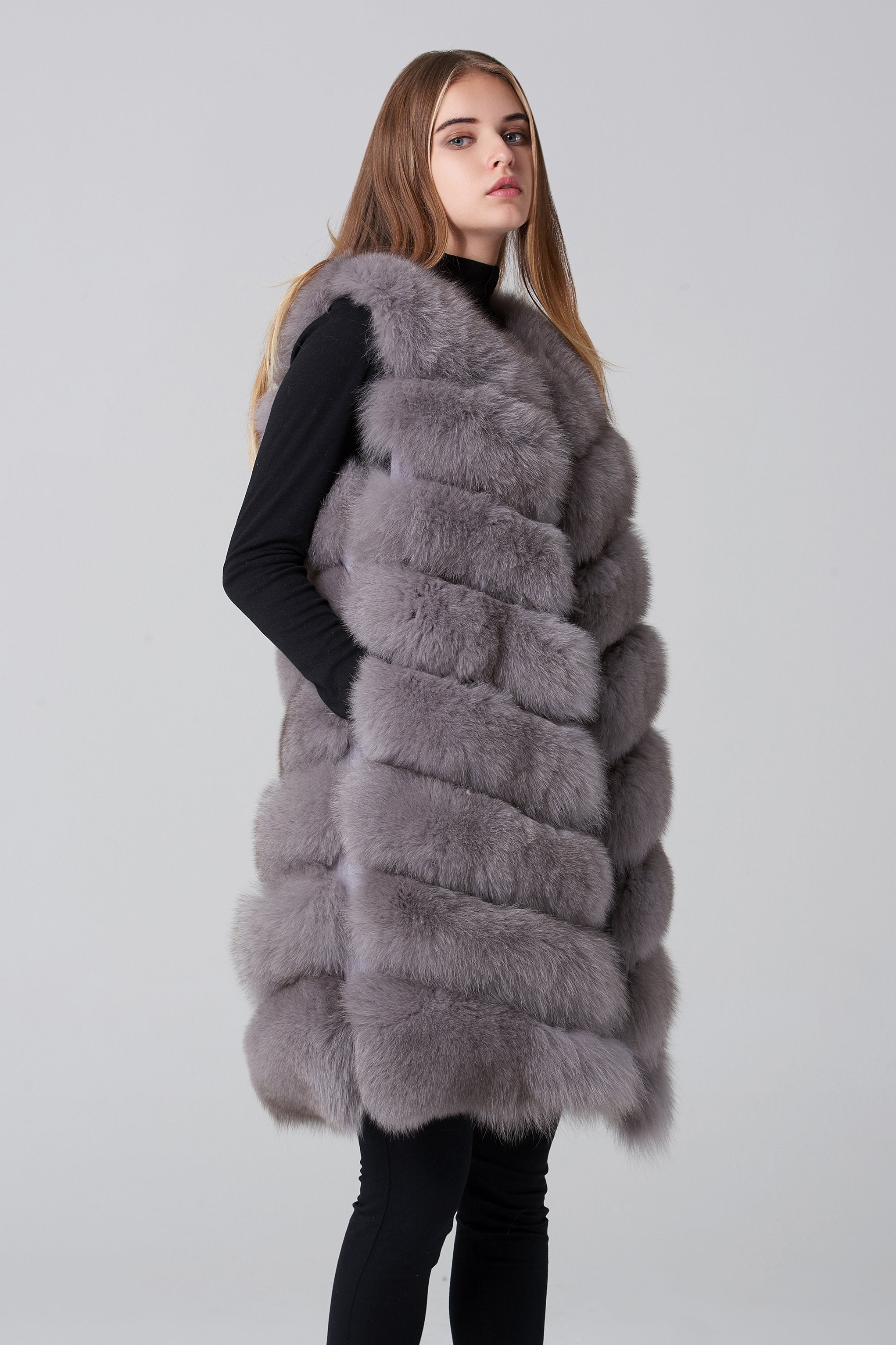 Grey Square Knee Length Fox Fur Coat - ownthelooks-Development