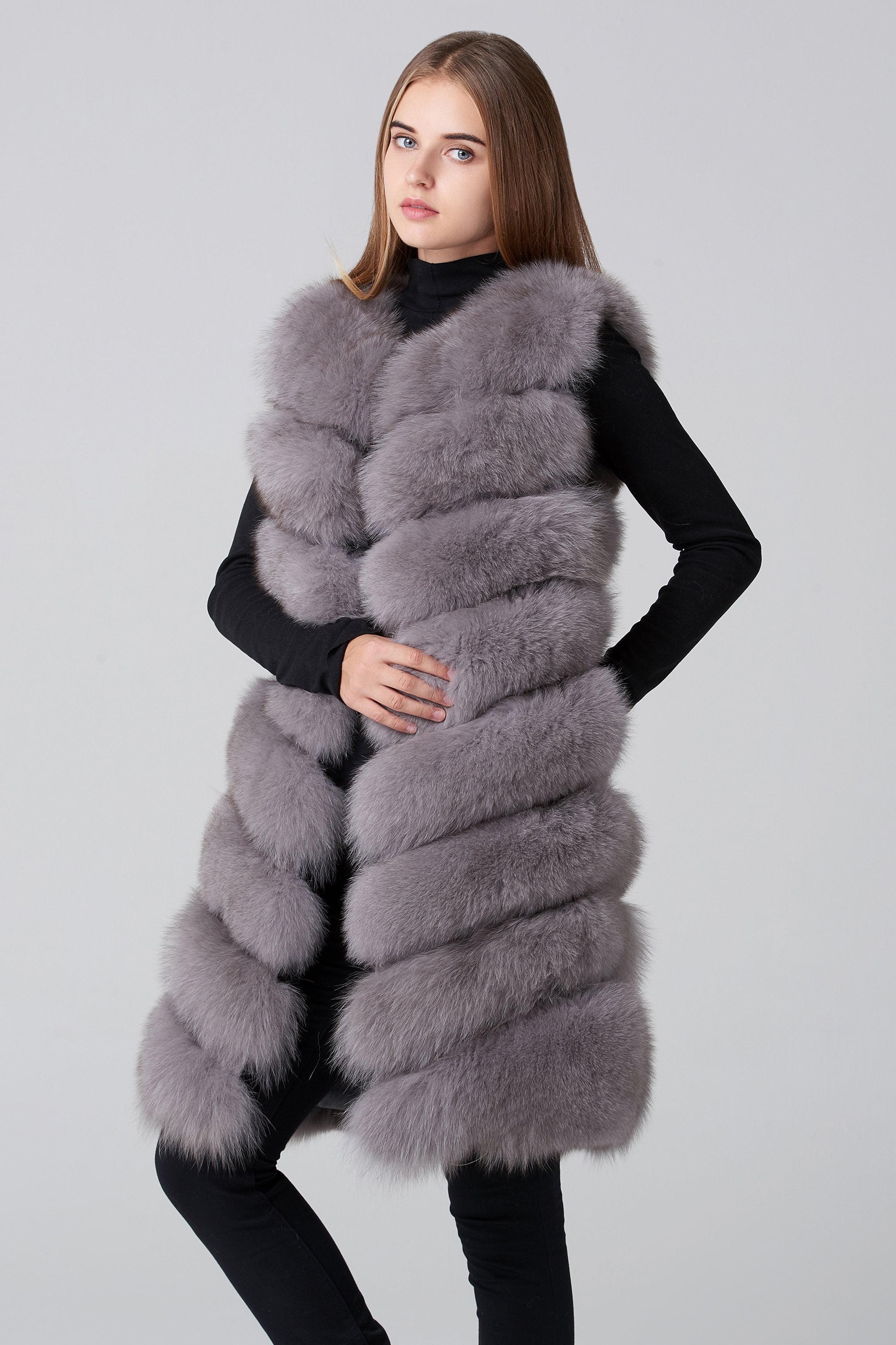 Grey Square Knee Length Fox Fur Coat - ownthelooks-Development