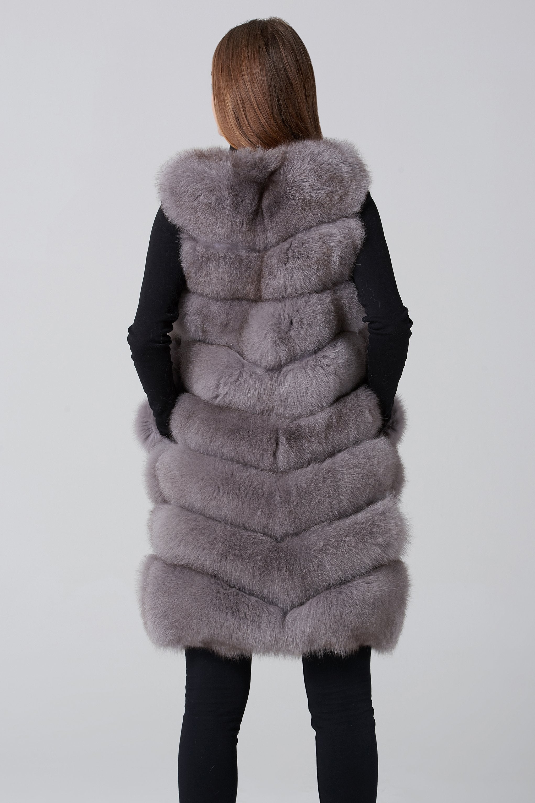 Grey Square Knee Length Fox Fur Coat - ownthelooks-Development