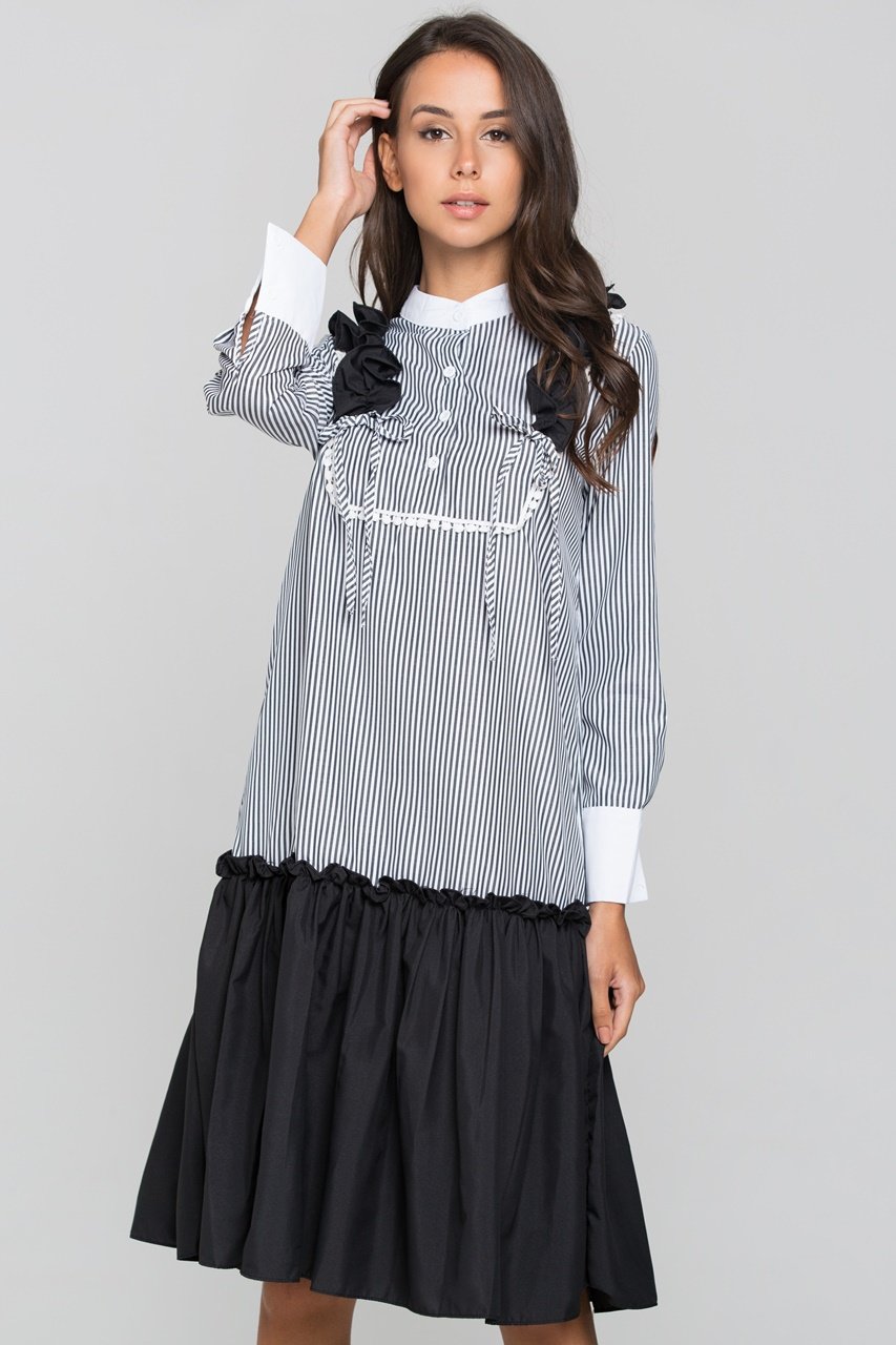 Grey Stripe Flounced Panel Skirt Midi Dress - ownthelooks-Development