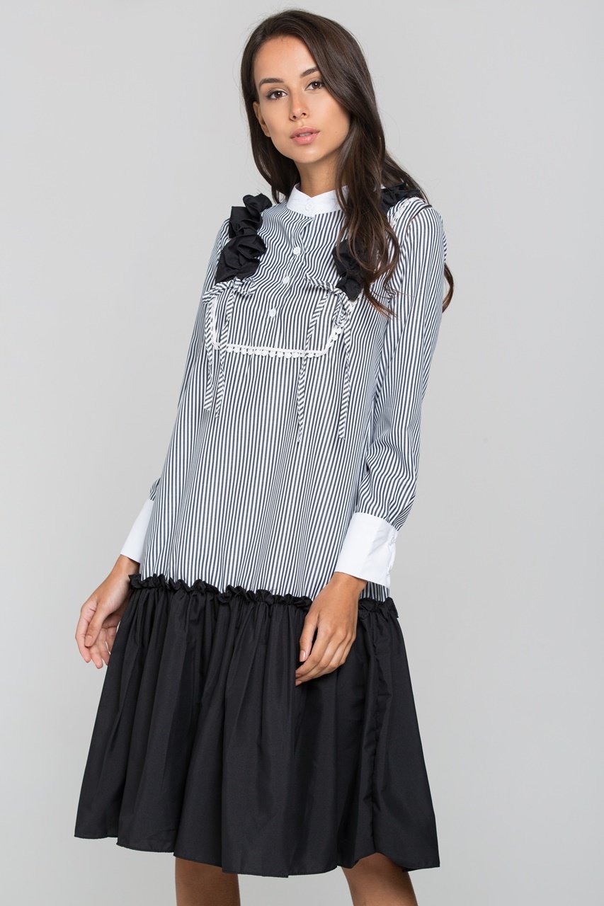 Grey Stripe Flounced Panel Skirt Midi Dress - ownthelooks-Development