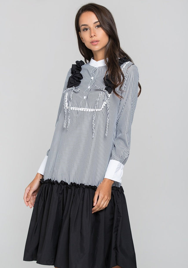 Grey Stripe Flounced Panel Skirt Midi Dress - ownthelooks-Development