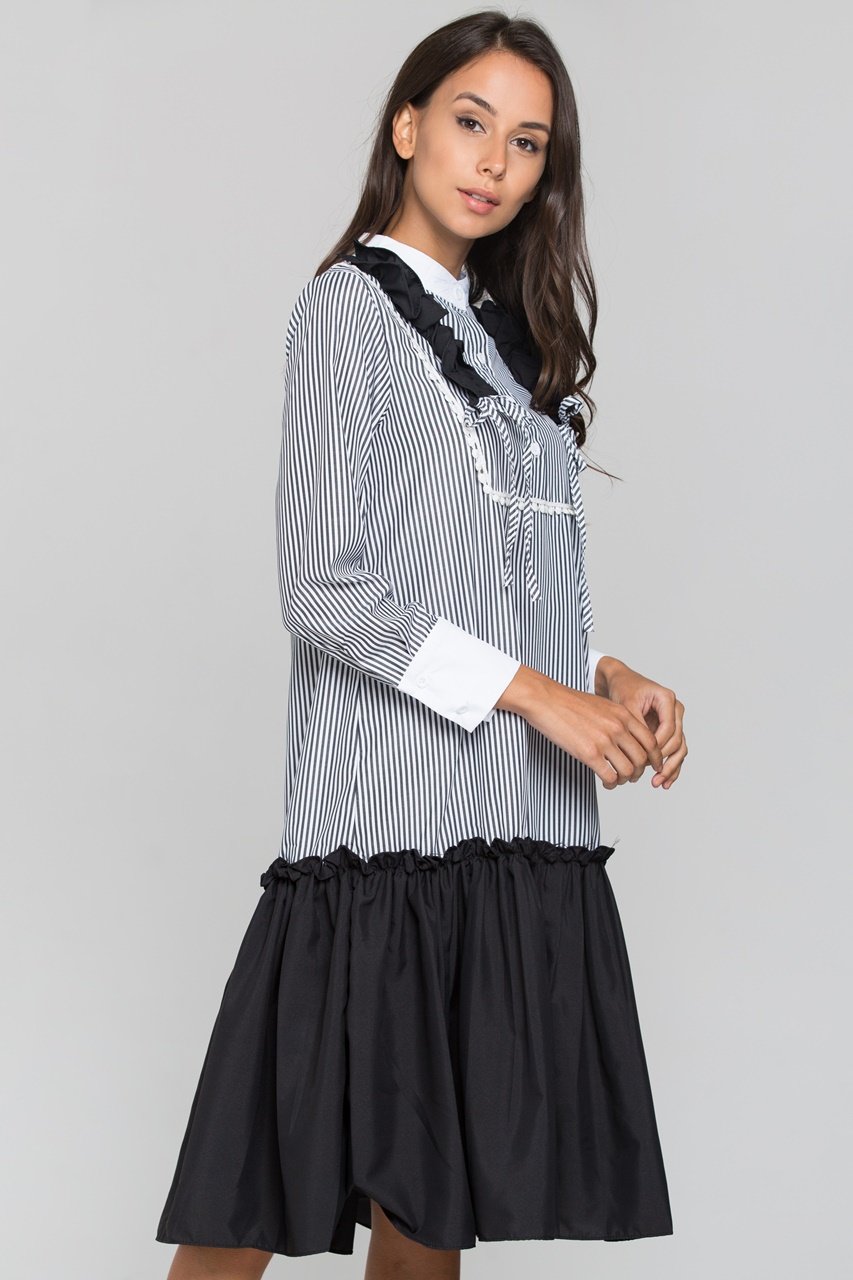 Grey Stripe Flounced Panel Skirt Midi Dress - ownthelooks-Development