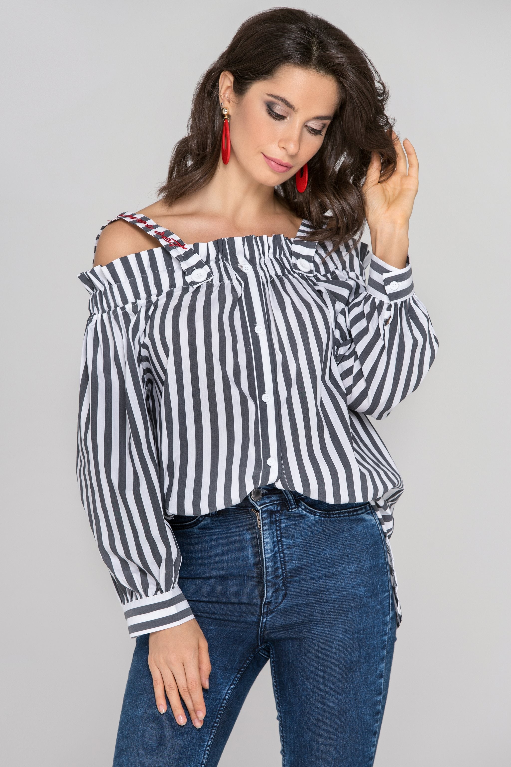 Gray and White Stripe Button-Up Cold Shoulder Top - ownthelooks-Development