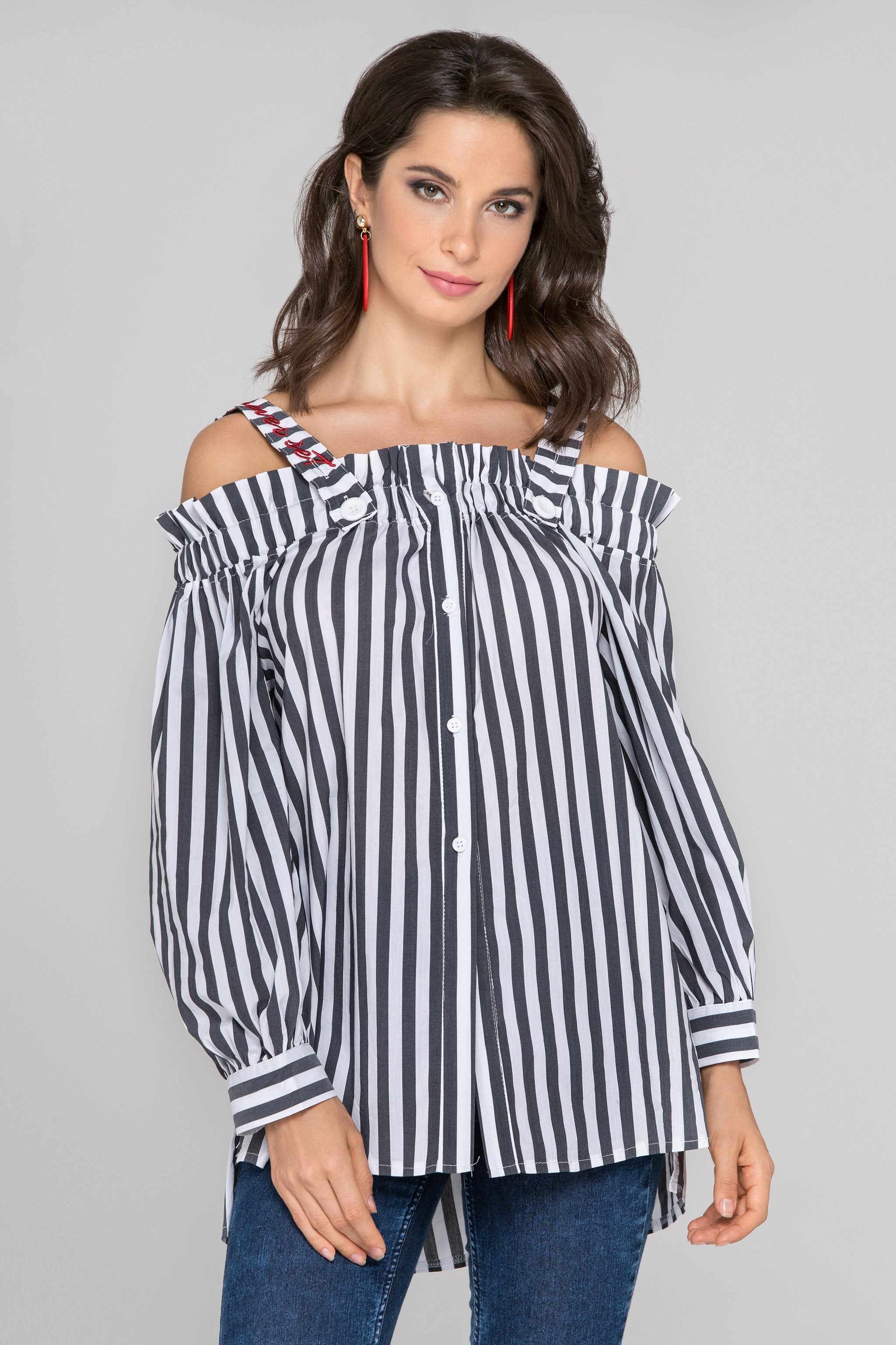 Gray and White Stripe Button-Up Cold Shoulder Top - ownthelooks-Development