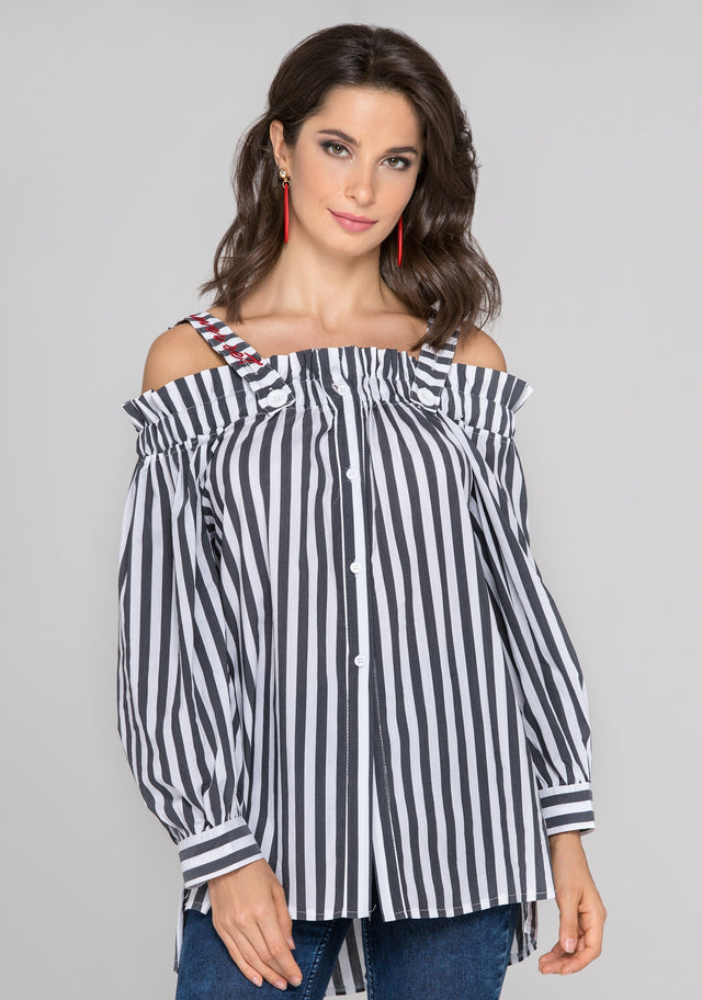 Gray and White Stripe Button-Up Cold Shoulder Top - ownthelooks-Development