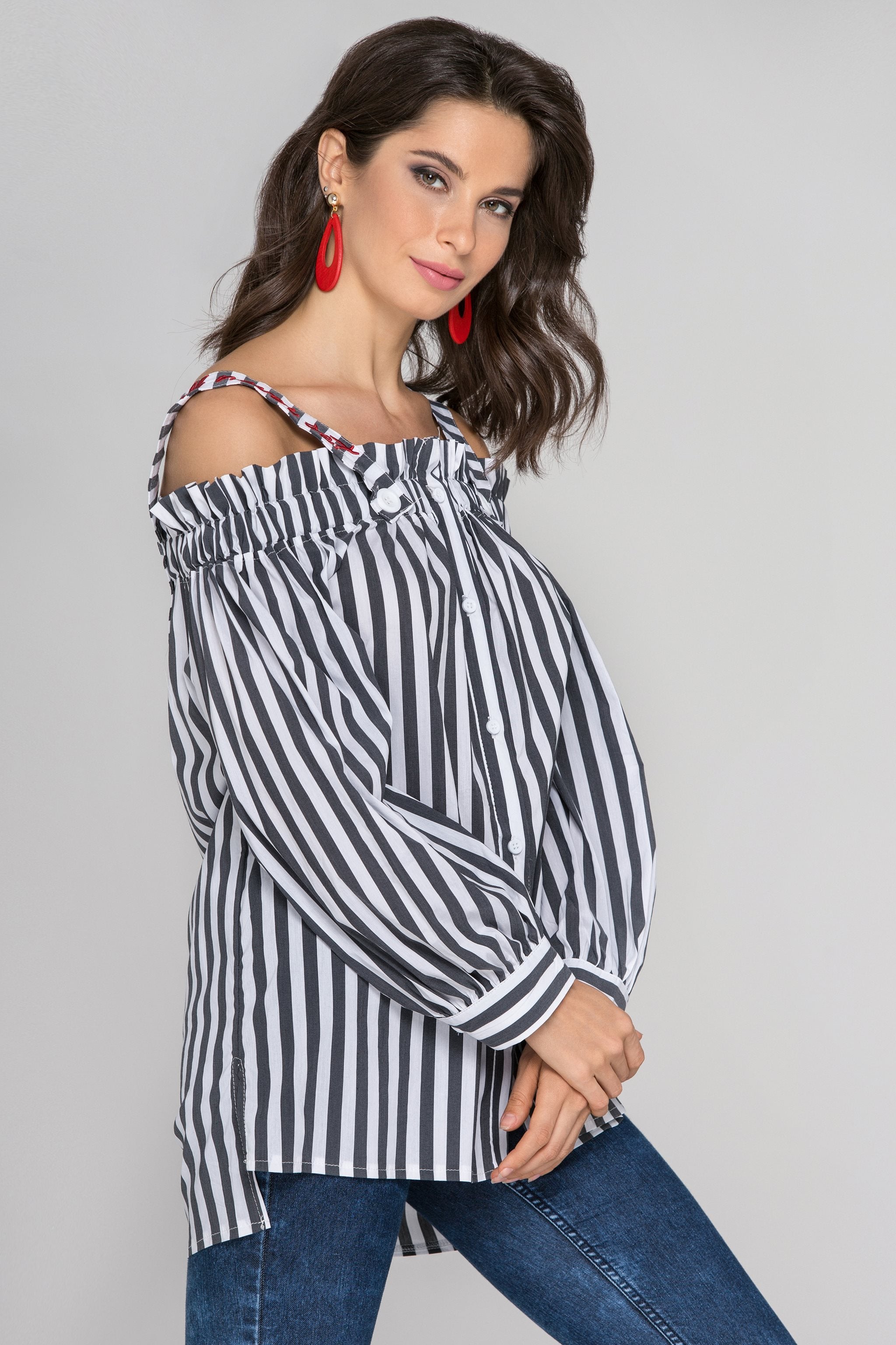 Gray and White Stripe Button-Up Cold Shoulder Top - ownthelooks-Development