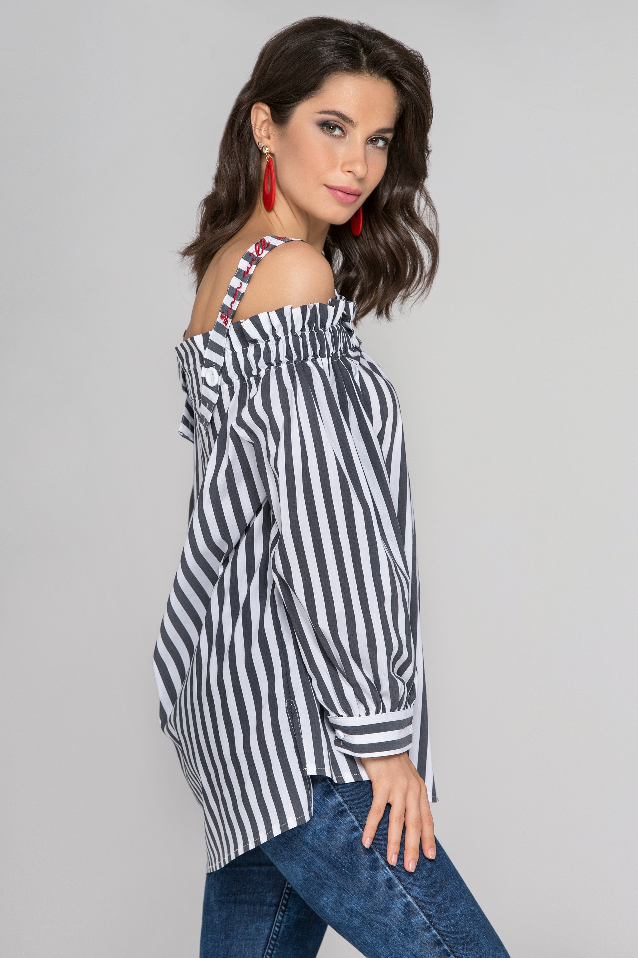 Gray and White Stripe Button-Up Cold Shoulder Top - ownthelooks-Development