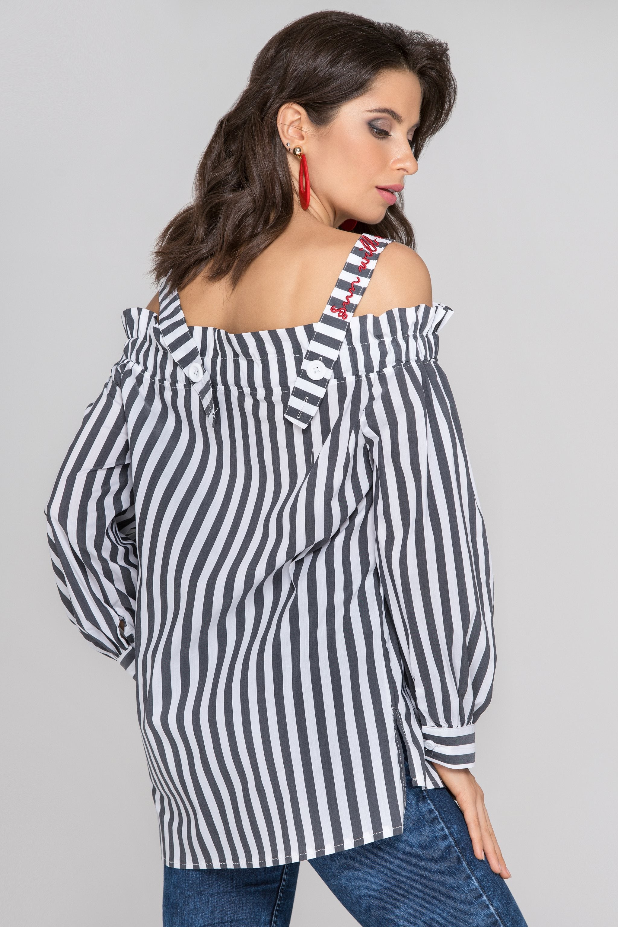 Gray and White Stripe Button-Up Cold Shoulder Top - ownthelooks-Development