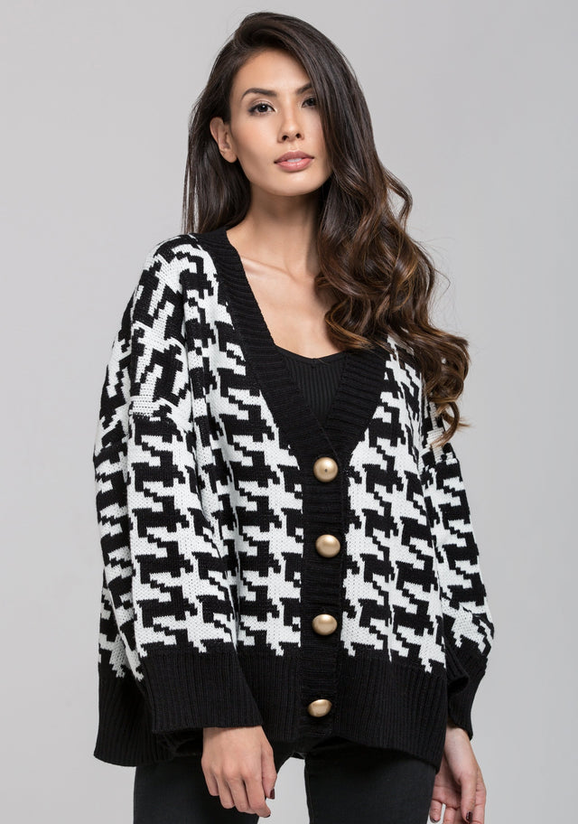 Houndstooth Oversized Dome Button Detail Cardigan - ownthelooks-Development