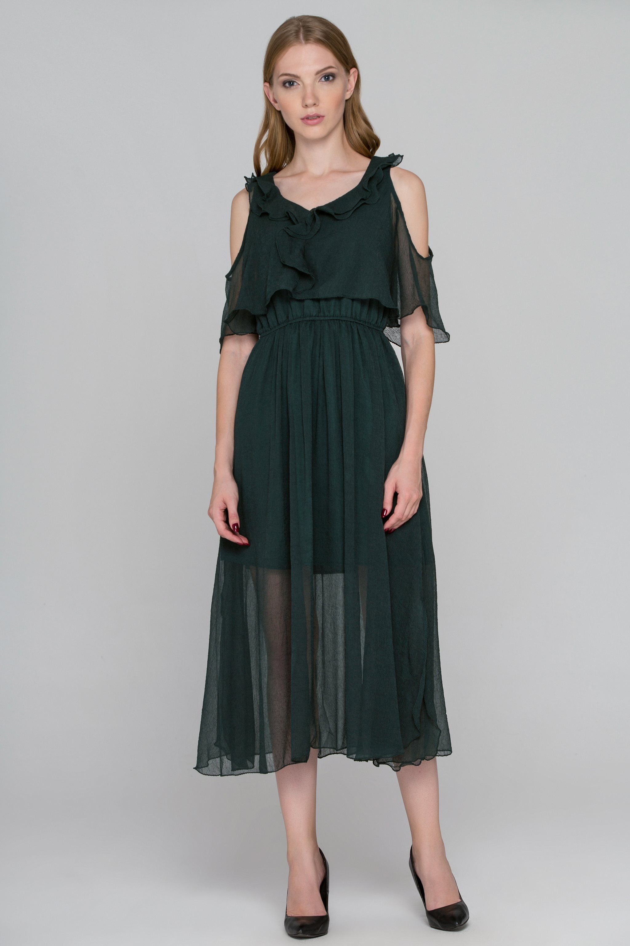 Hunter Green Crepe Chiffon Cold Shoulder Midi Dress - ownthelooks-Development