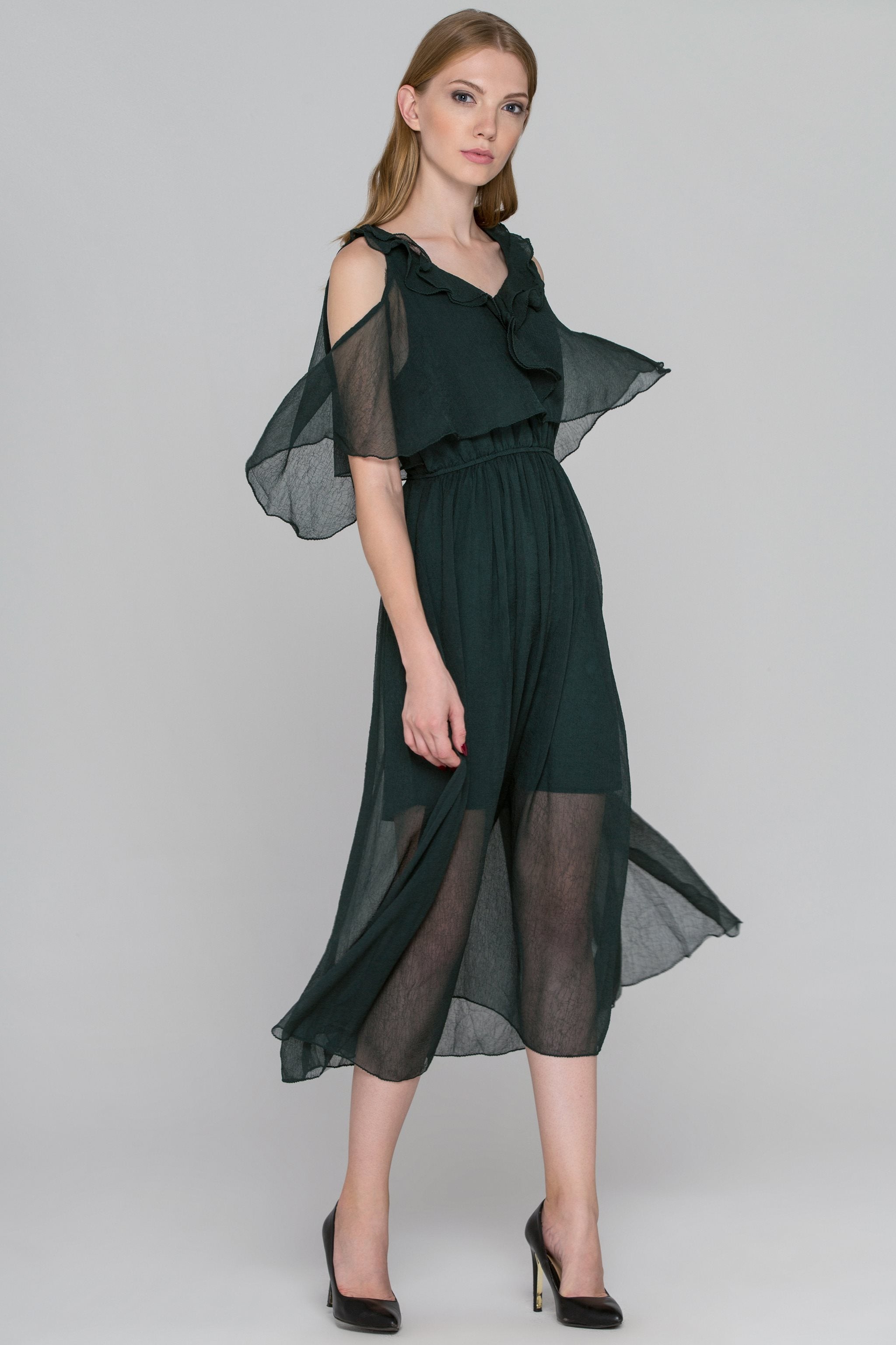 Hunter Green Crepe Chiffon Cold Shoulder Midi Dress - ownthelooks-Development