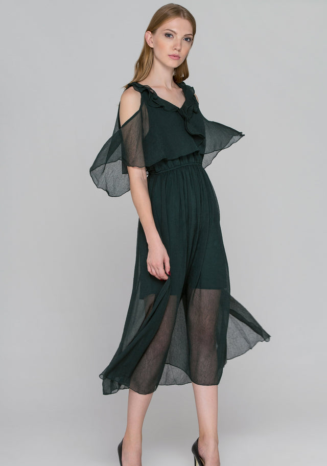 Hunter Green Crepe Chiffon Cold Shoulder Midi Dress - ownthelooks-Development