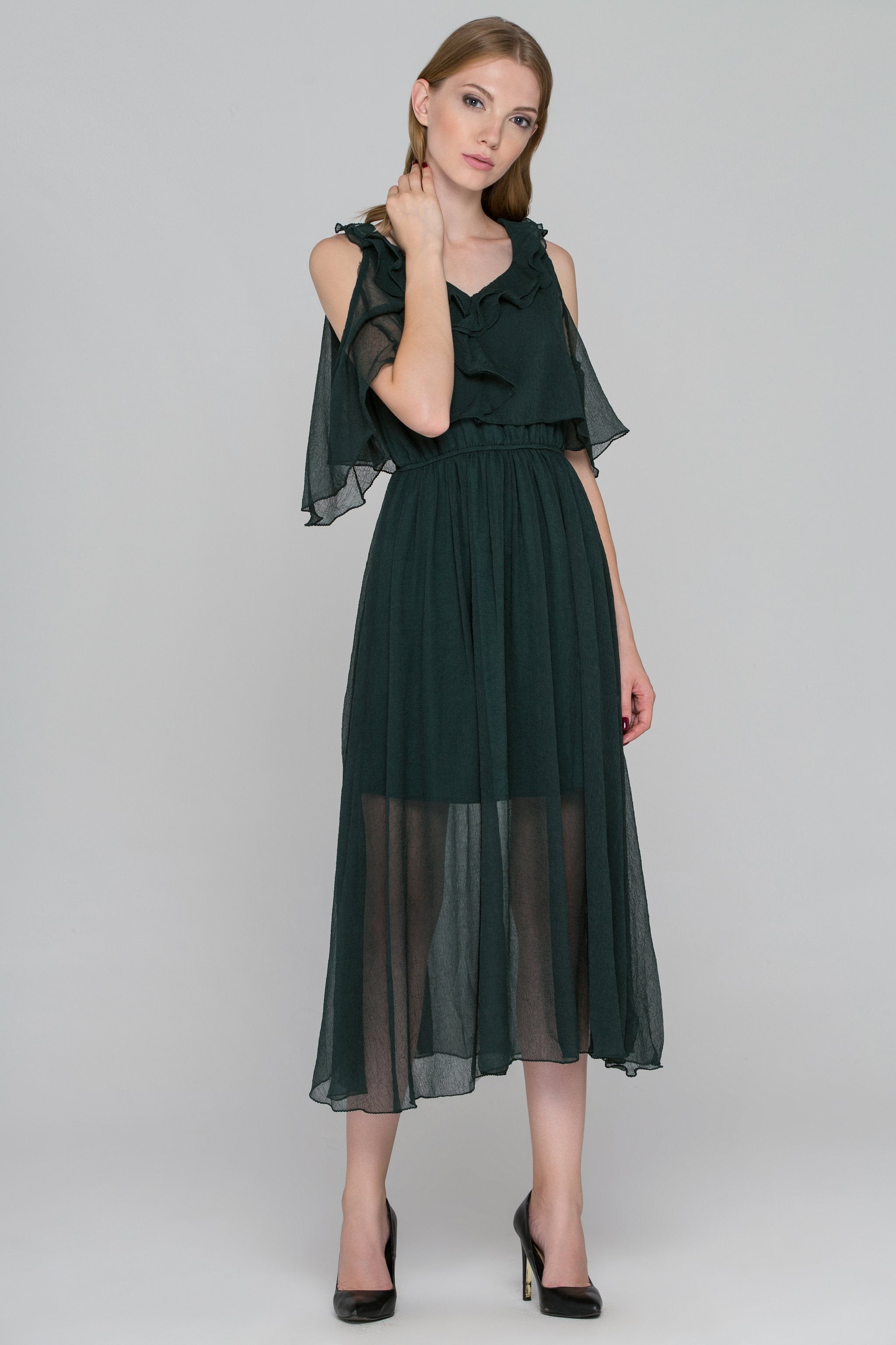 Hunter Green Crepe Chiffon Cold Shoulder Midi Dress - ownthelooks-Development