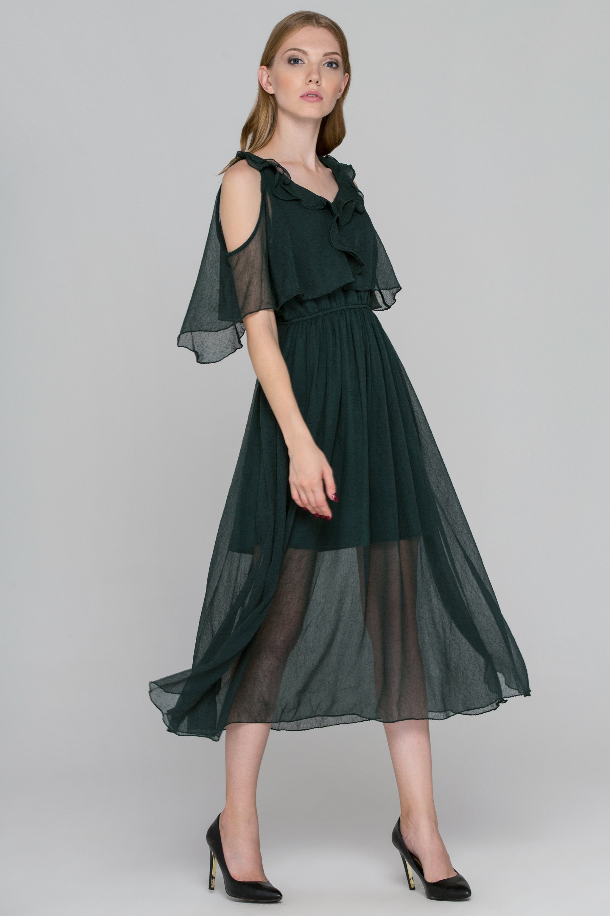 Hunter Green Crepe Chiffon Cold Shoulder Midi Dress - ownthelooks-Development