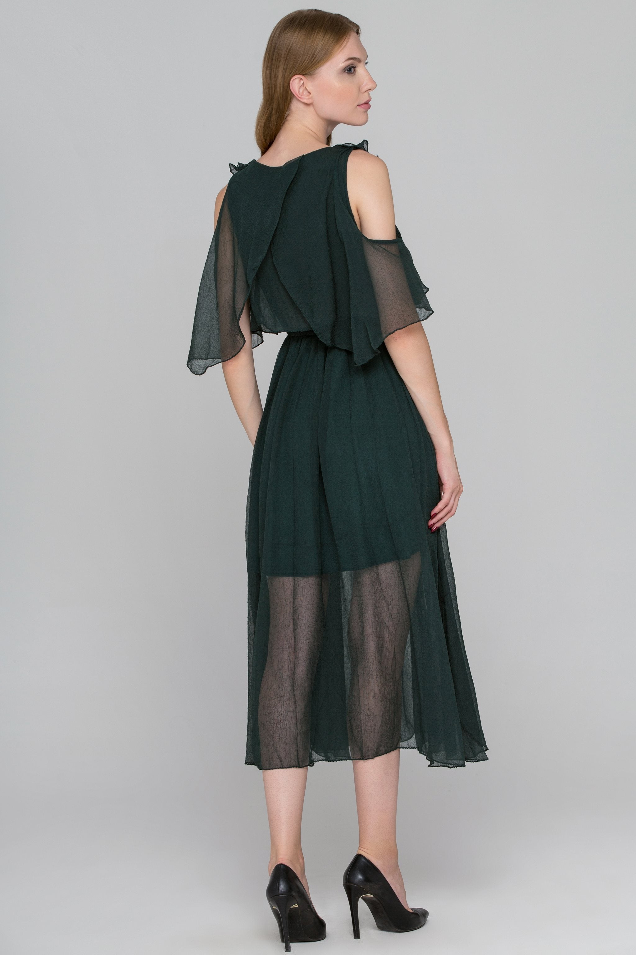 Hunter Green Crepe Chiffon Cold Shoulder Midi Dress - ownthelooks-Development
