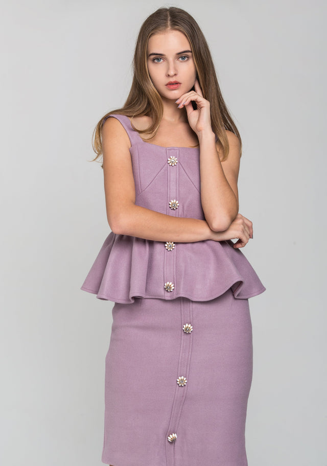 Lavender Fleece Jewel Button Peplum Two Piece Midi Dress - ownthelooks-Development