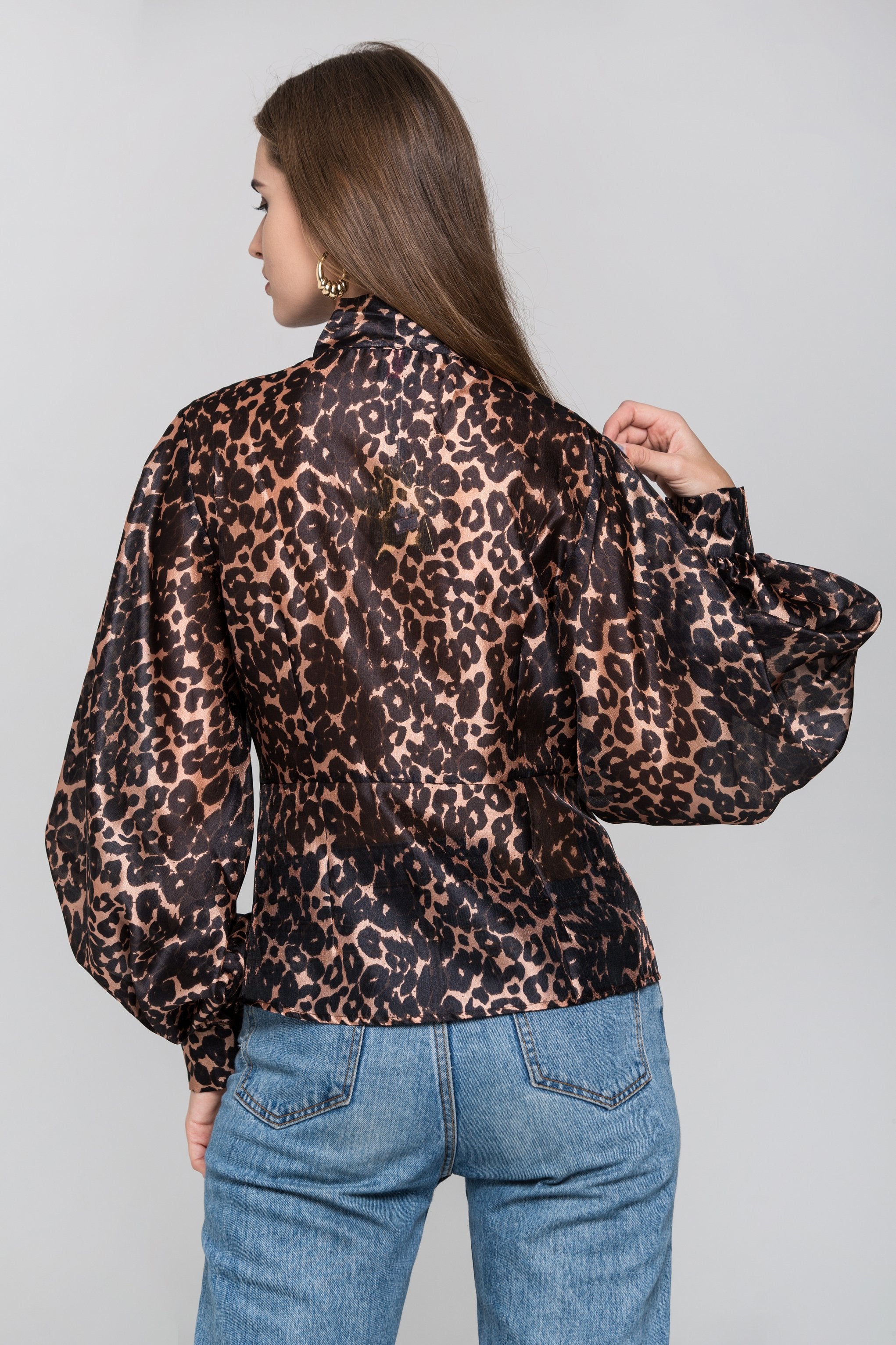 Leopard Print Tie Neck Sleeved Top - ownthelooks-Development