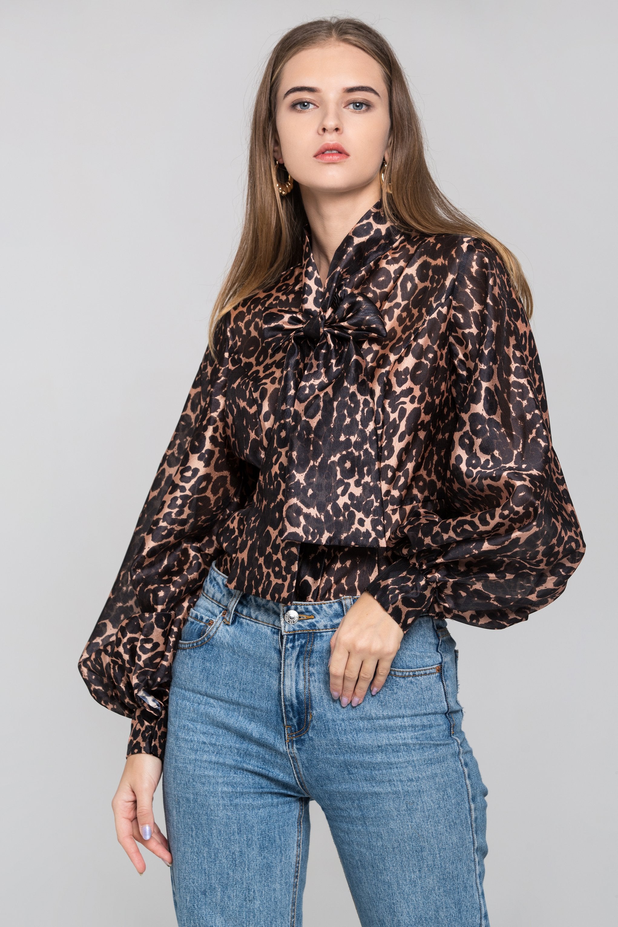 Leopard Print Tie Neck Sleeved Top - ownthelooks-Development