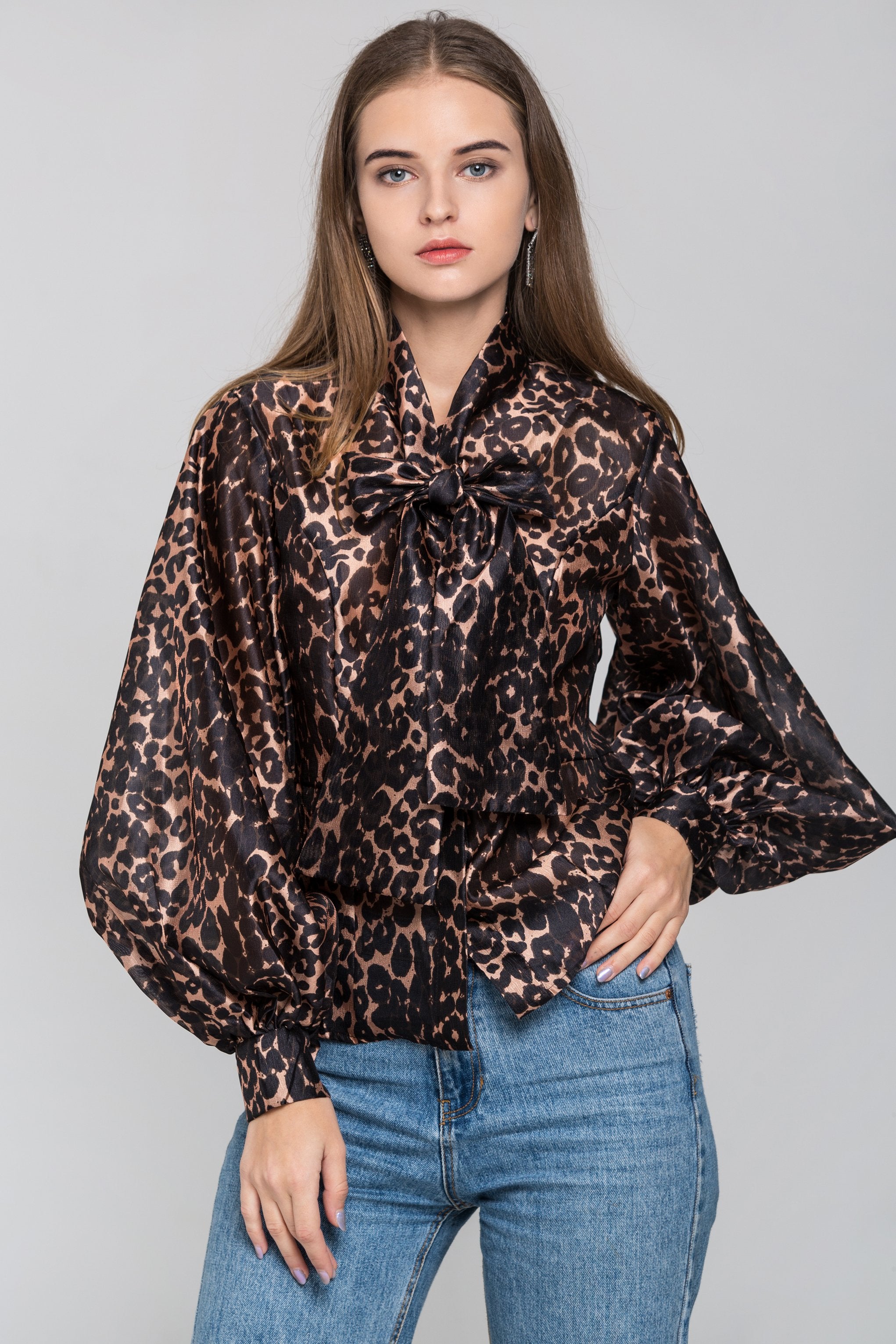 Leopard Print Tie Neck Sleeved Top - ownthelooks-Development