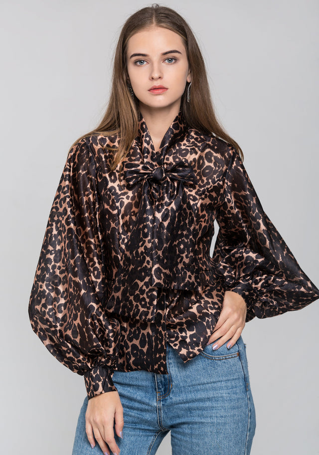 Leopard Print Tie Neck Sleeved Top - ownthelooks-Development