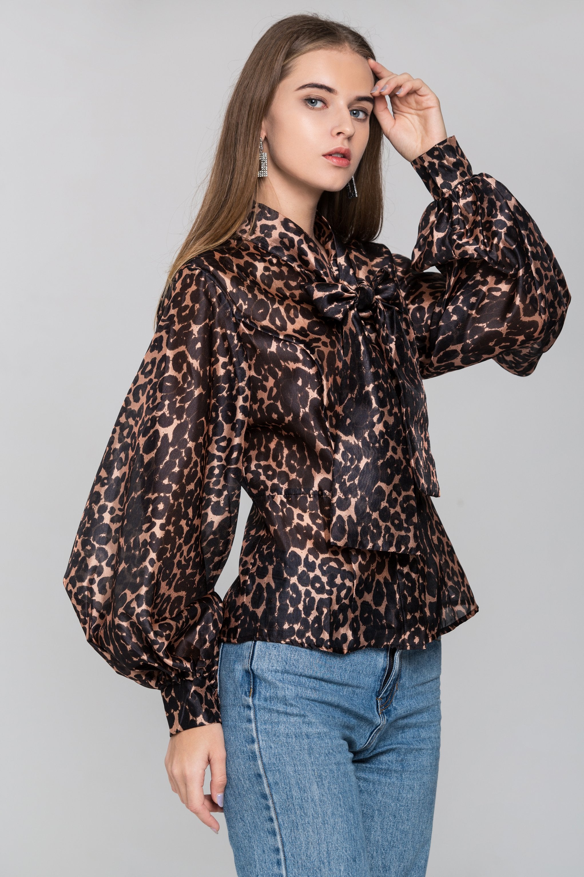 Leopard Print Tie Neck Sleeved Top - ownthelooks-Development