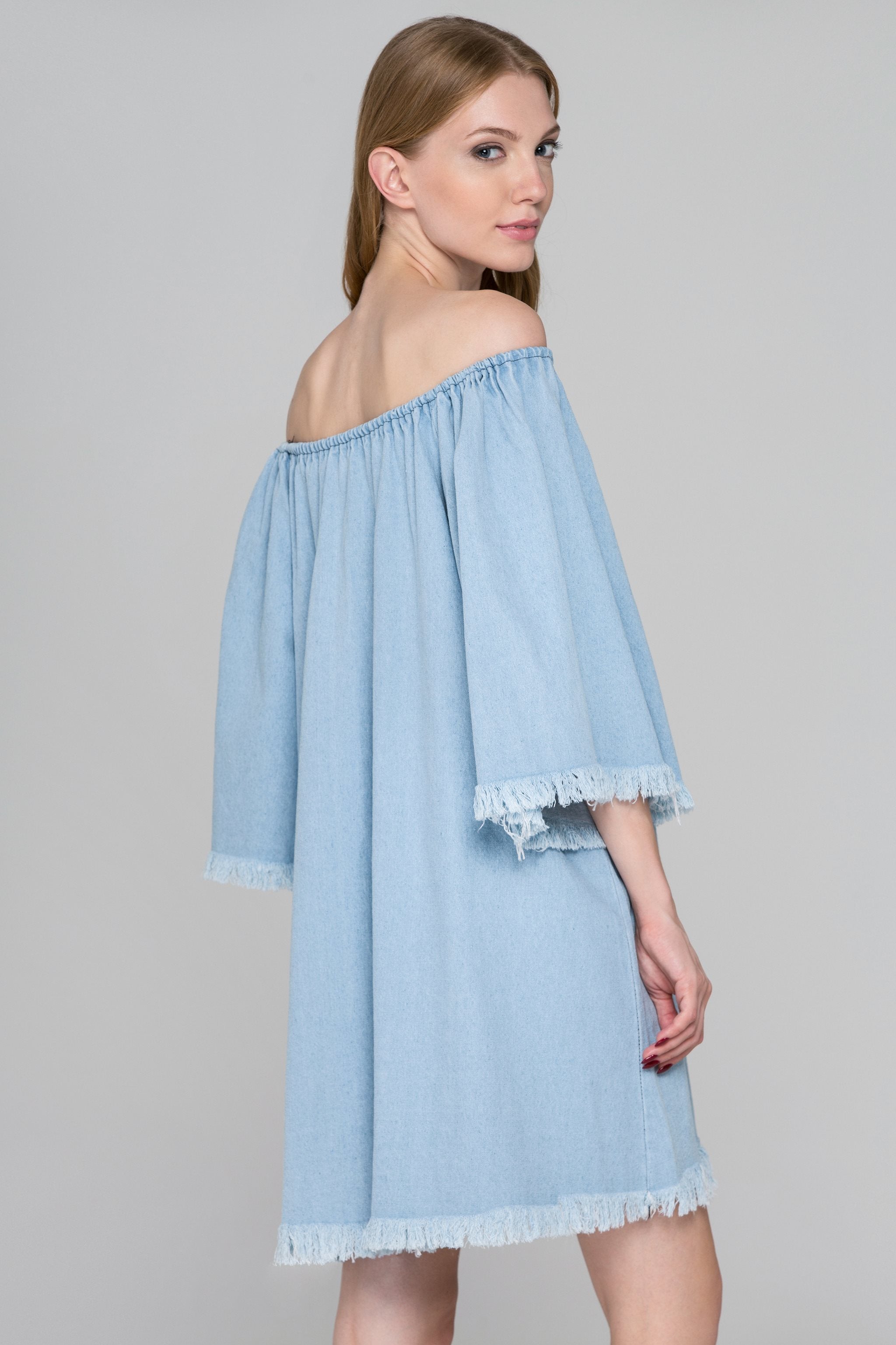 Light Blue Denim Bell Sleeve Mini Dress - ownthelooks-Development