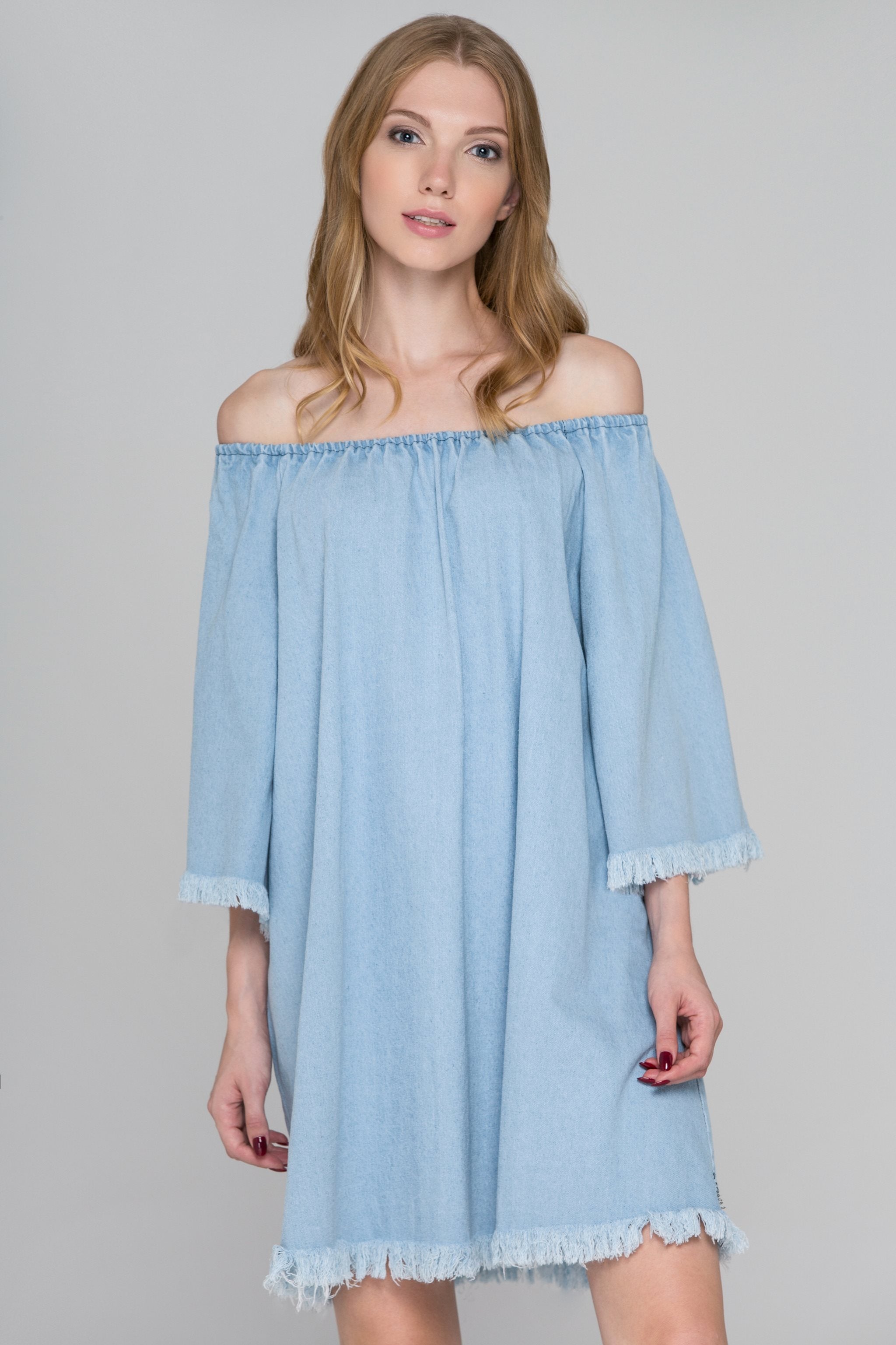 Light Blue Denim Bell Sleeve Mini Dress - ownthelooks-Development